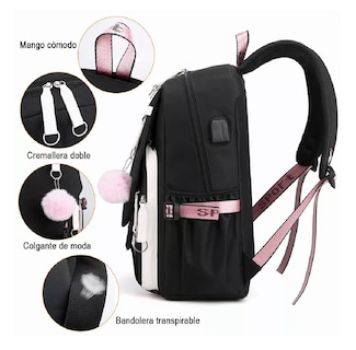 Foto 3 | Mochila Estilo Coreano Juvenil Moda Con Puerto Usb Rosa Negro
