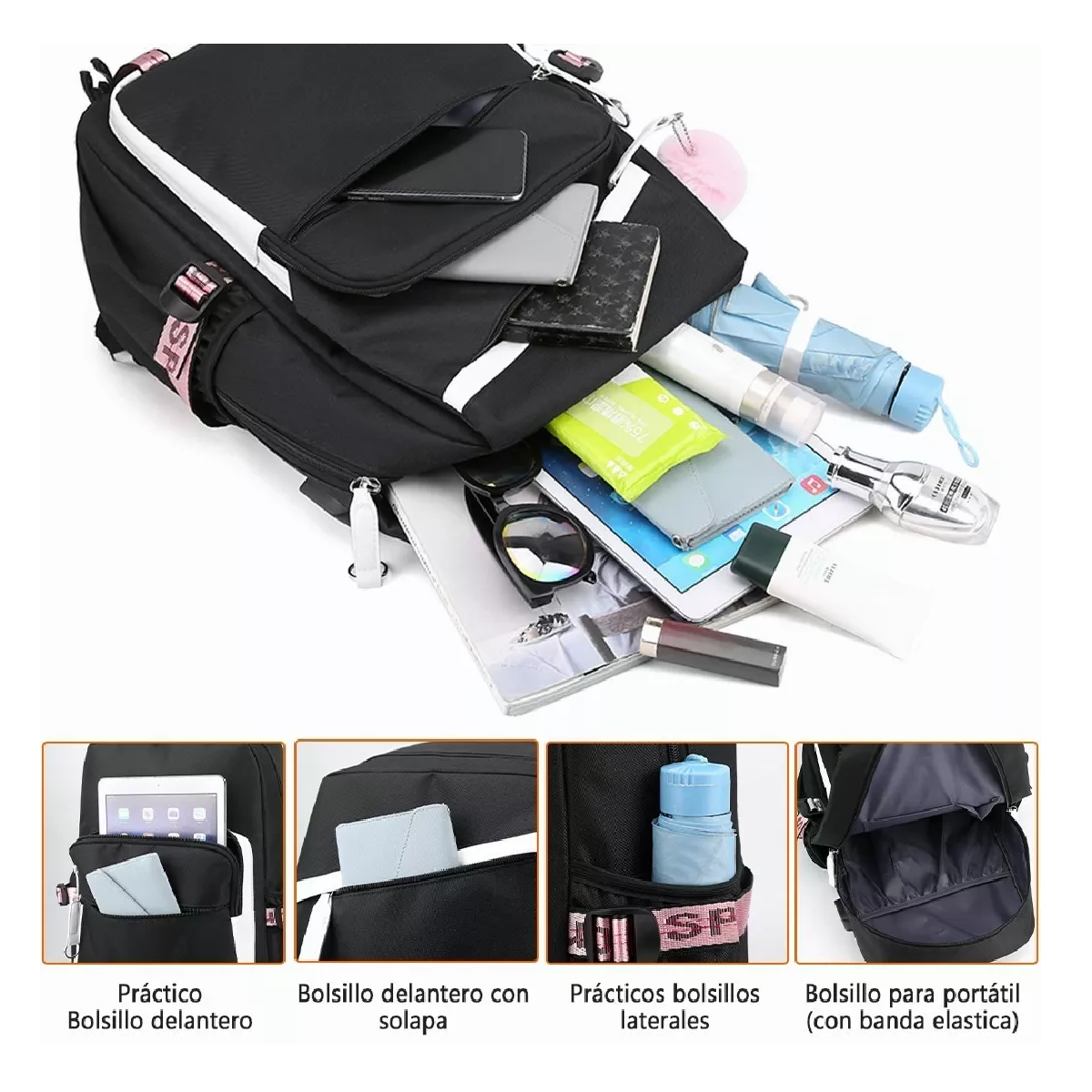 Foto 5 pulgar | Mochila Estilo Coreano Juvenil Moda Con Puerto Usb Rosa Negro