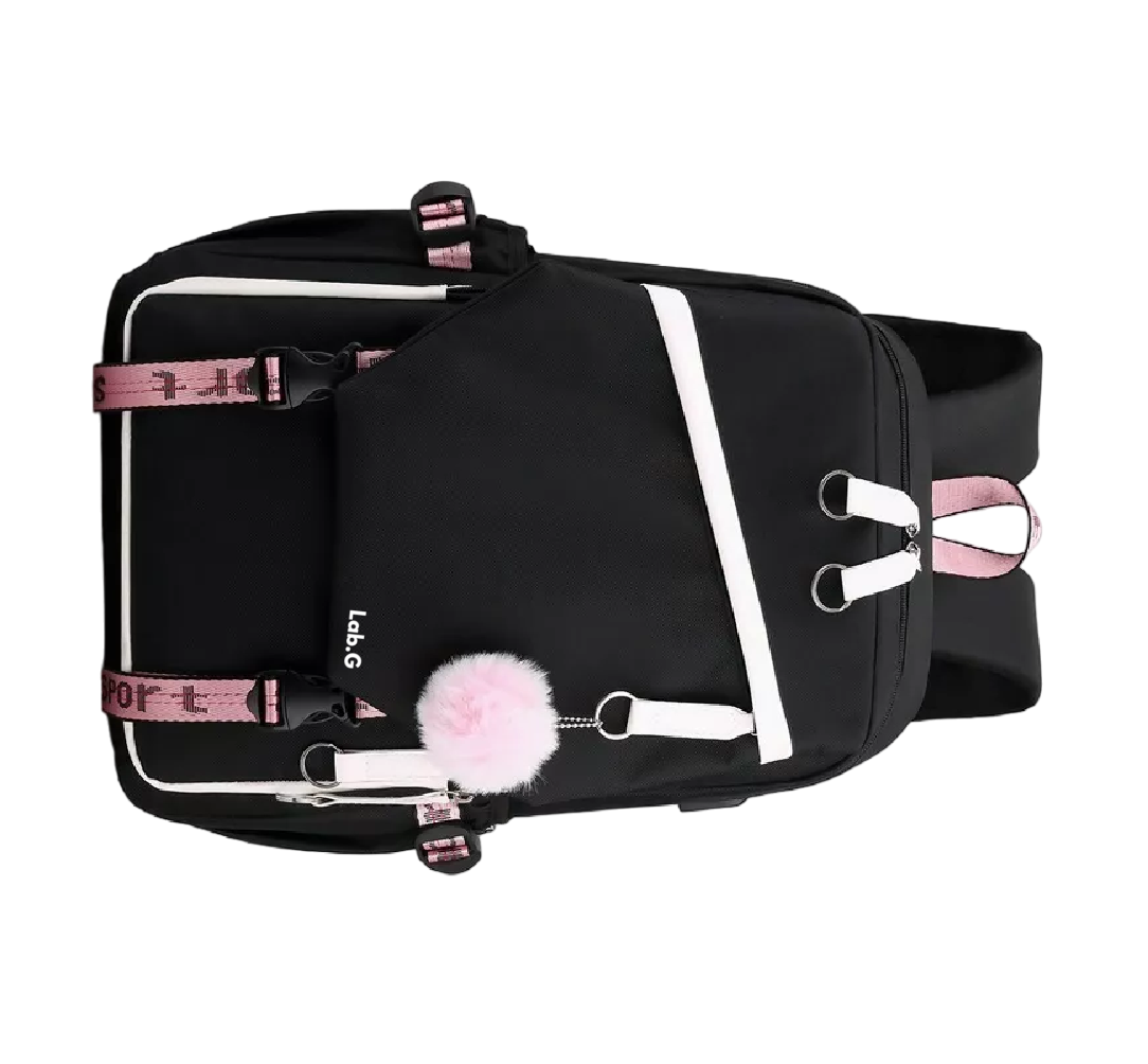Foto 7 pulgar | Mochila Estilo Coreano Juvenil Moda Con Puerto Usb Rosa Negro