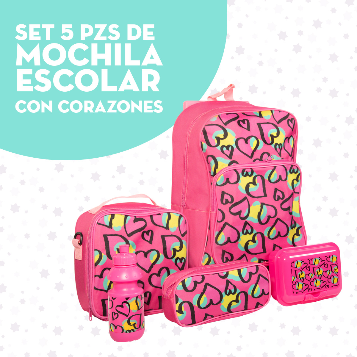 Foto 5 pulgar | Ochila Escolar Niña Con Corazones + Lonchera Antiderrapante + Tóper + Botella + Lapicera