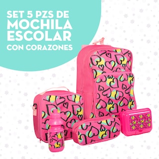 Foto 4 | Ochila Escolar Niña Con Corazones + Lonchera Antiderrapante + Tóper + Botella + Lapicera