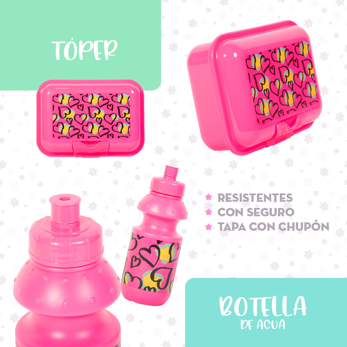 Foto 7 pulgar | Ochila Escolar Niña Con Corazones + Lonchera Antiderrapante + Tóper + Botella + Lapicera