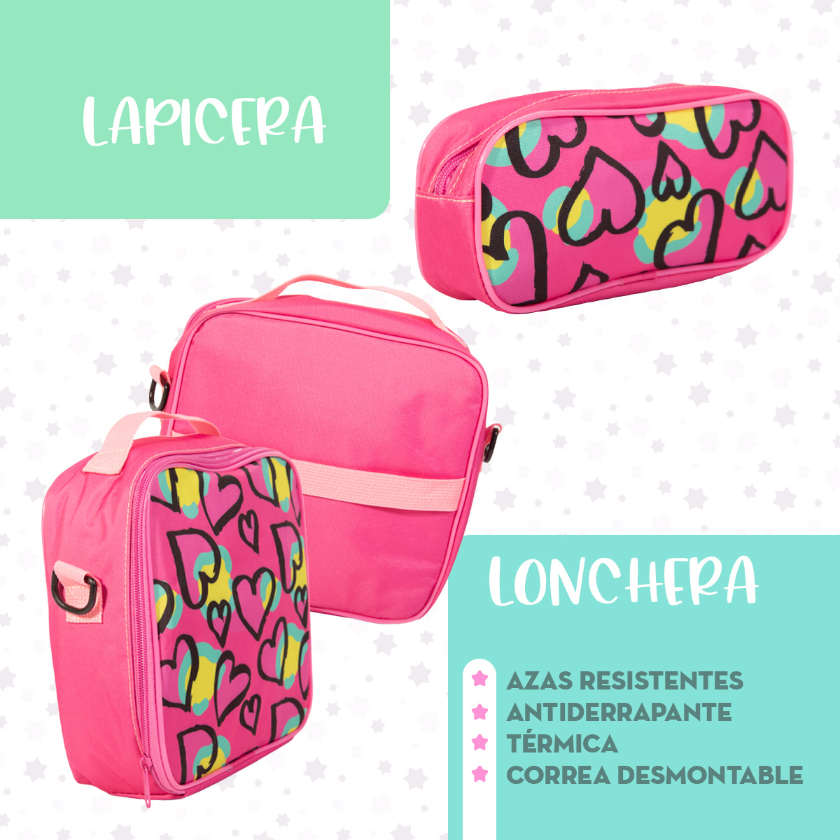 Foto 7 | Ochila Escolar Niña Con Corazones + Lonchera Antiderrapante + Tóper + Botella + Lapicera