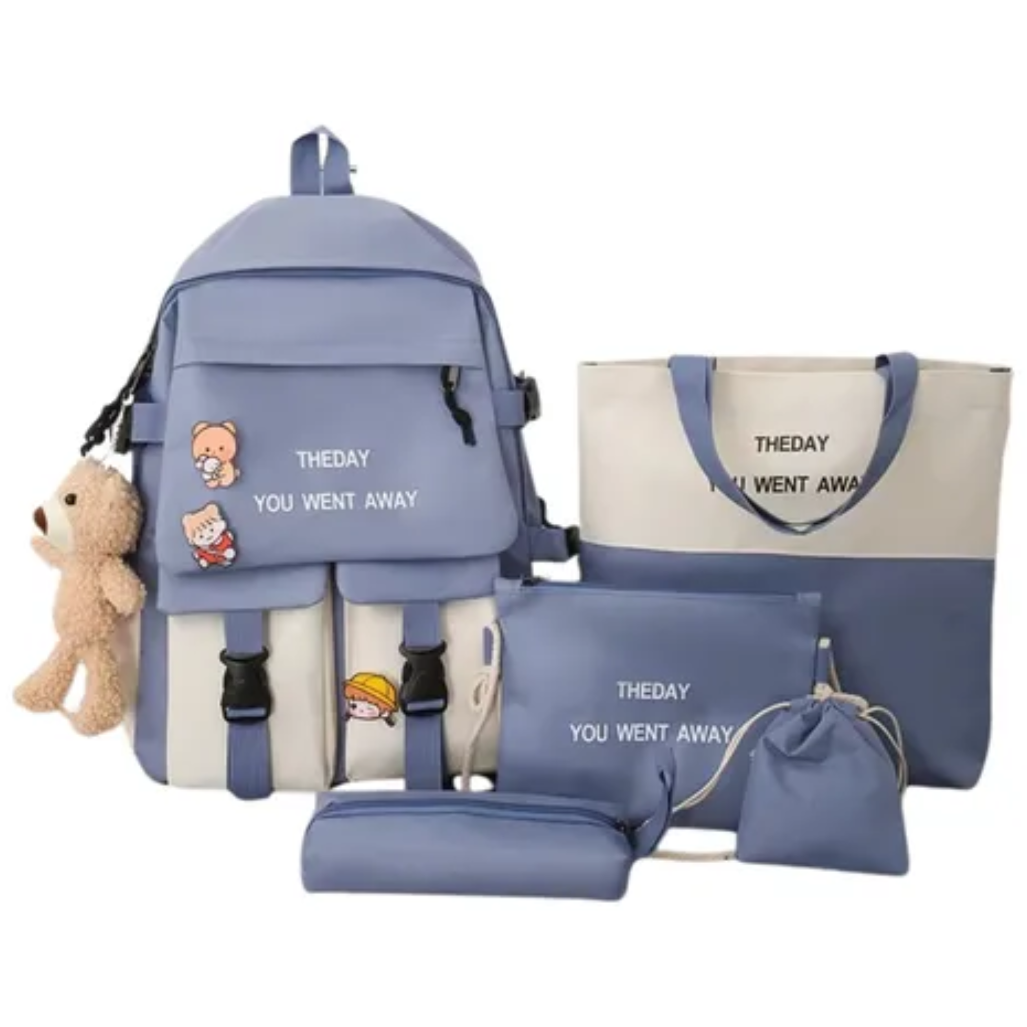 Mochila Coreana 5 En 1 Bolsa Escolar De Viaje Kawaii K Pop Azul Claro