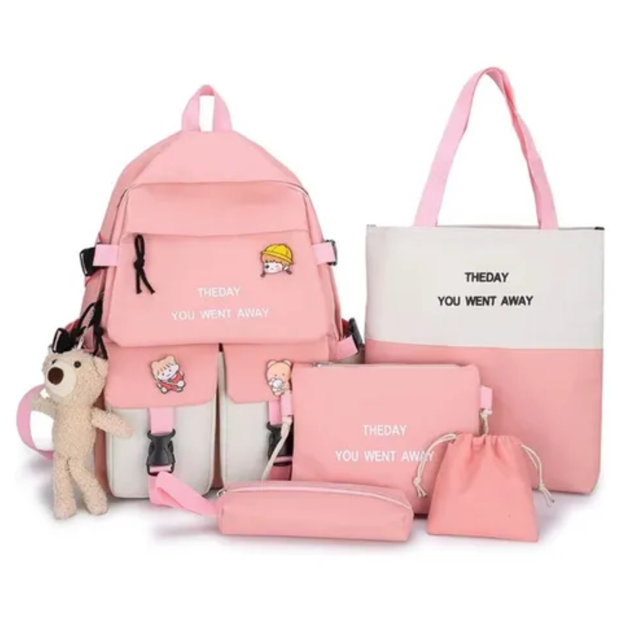Mochila Coreana 5 En 1 Bolsa Escolar De Viaje Kawaii K Pop Rosa