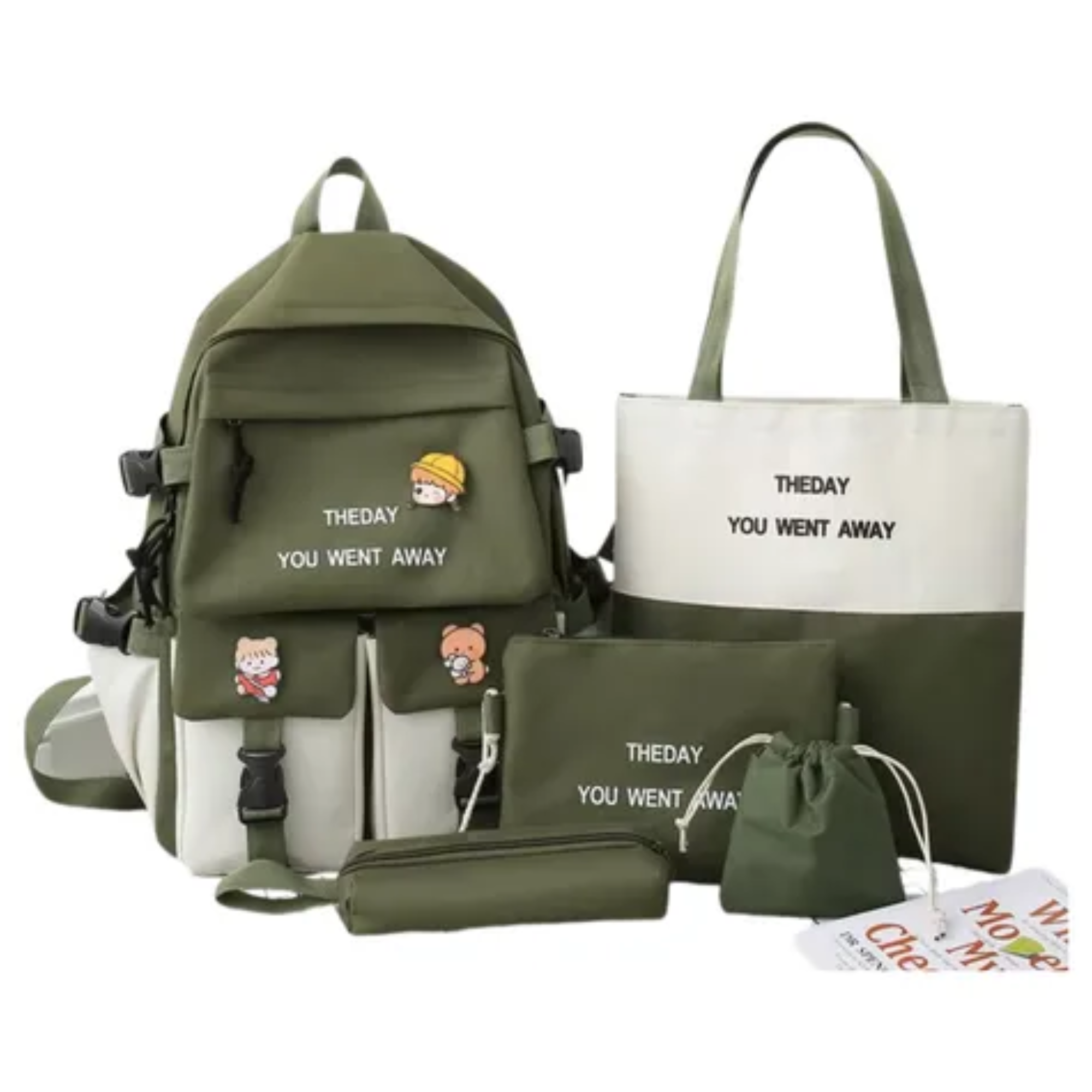 Mochila Coreana 5 En 1 Bolsa Escolar De Viaje Kawaii K Pop Verde Musgo