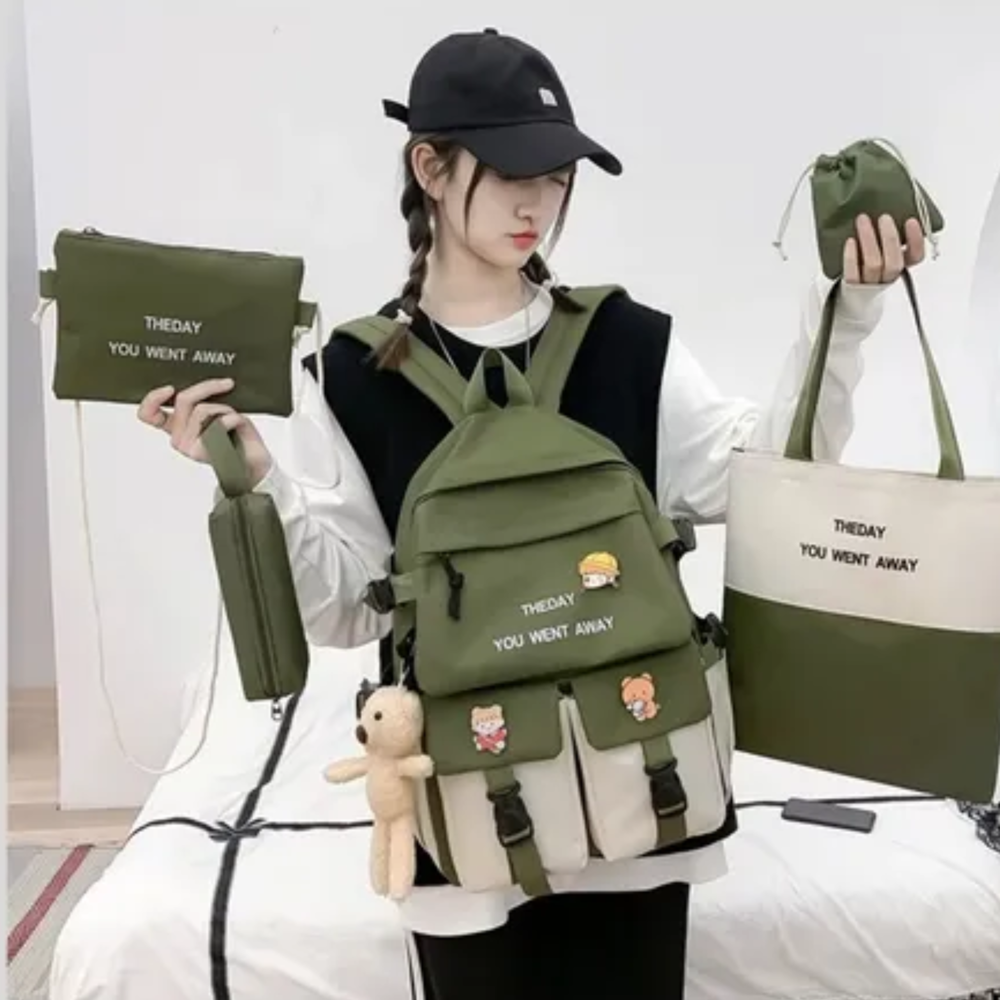 Foto 4 pulgar | Mochila Coreana 5 En 1 Bolsa Escolar De Viaje Kawaii K Pop Verde Musgo