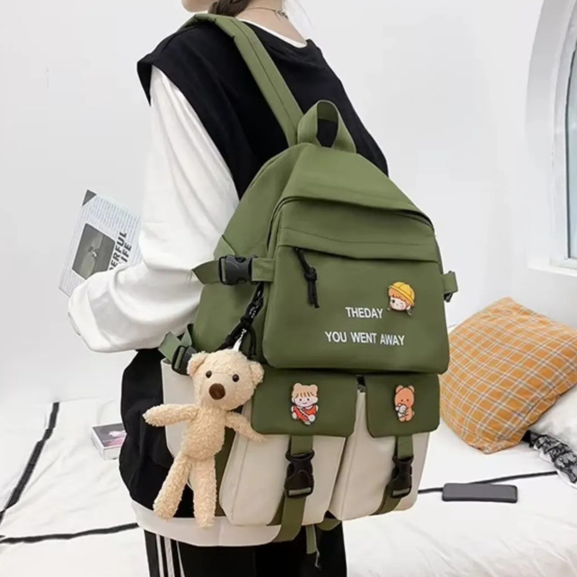 Foto 6 pulgar | Mochila Coreana 5 En 1 Bolsa Escolar De Viaje Kawaii K Pop Verde Musgo