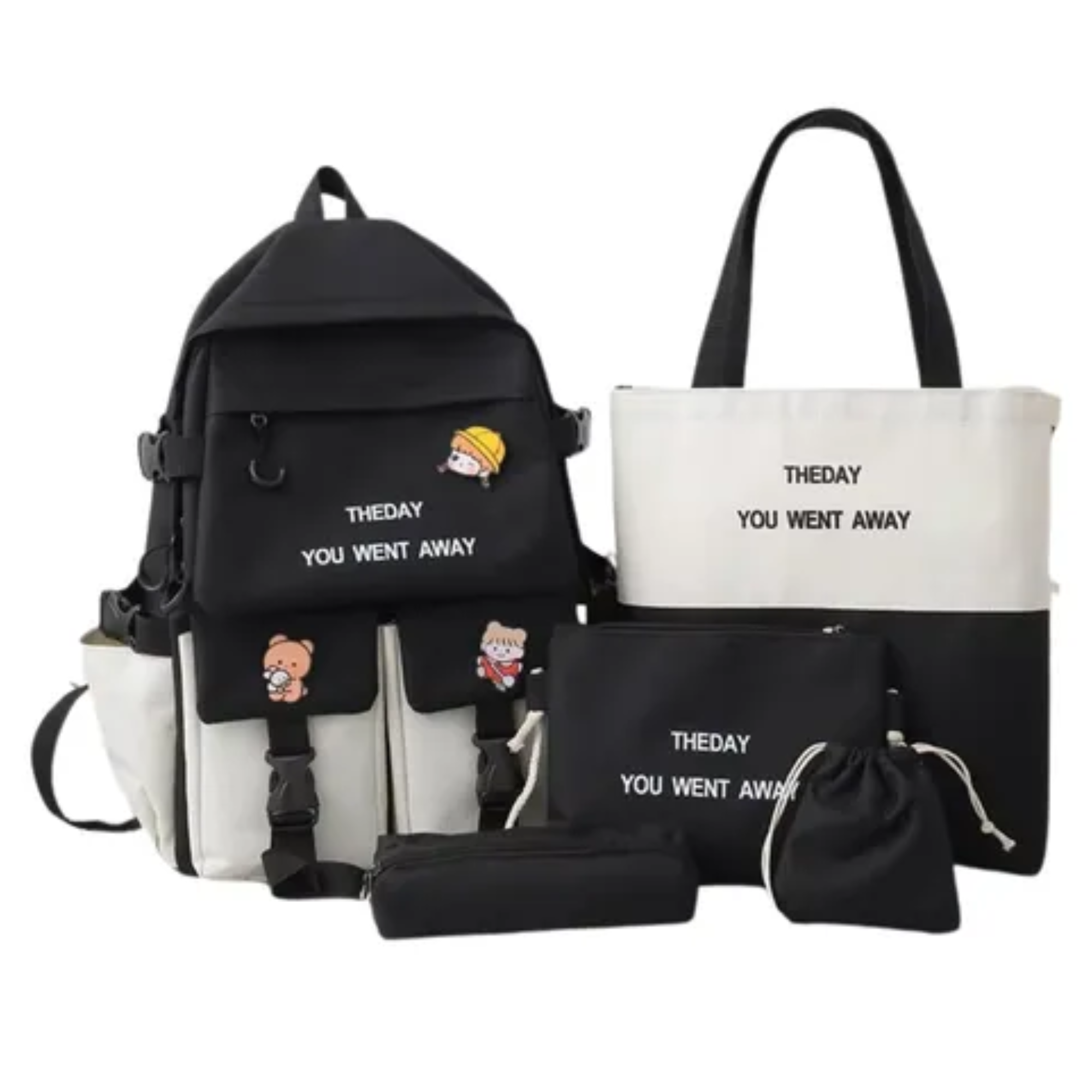 Mochila Coreana 5 En 1 Bolsa Escolar De Viaje Kawaii K Pop Blanco Y Negro