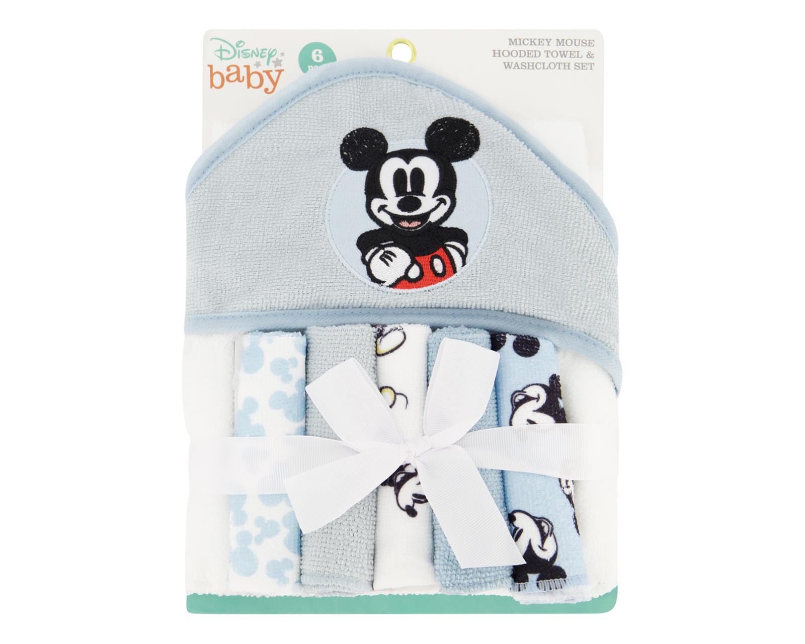 Set De Toalla De Baño Con Capucha Y 5 Toallitas Mickey Mouse Color Azul Claro