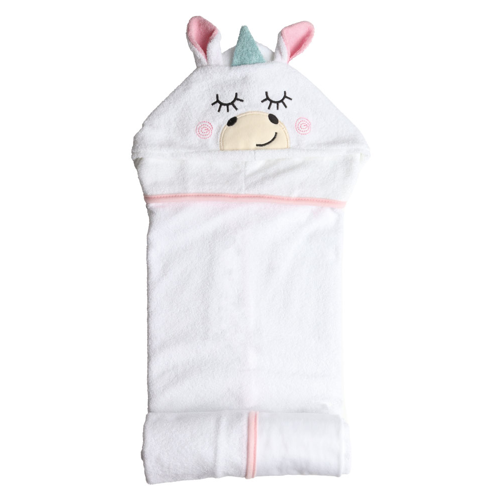 Toalla de Baño con Capucha Baby Mink Bm324 Blanco con Bordado de Personaje de Unicornio 90 x 70 cm