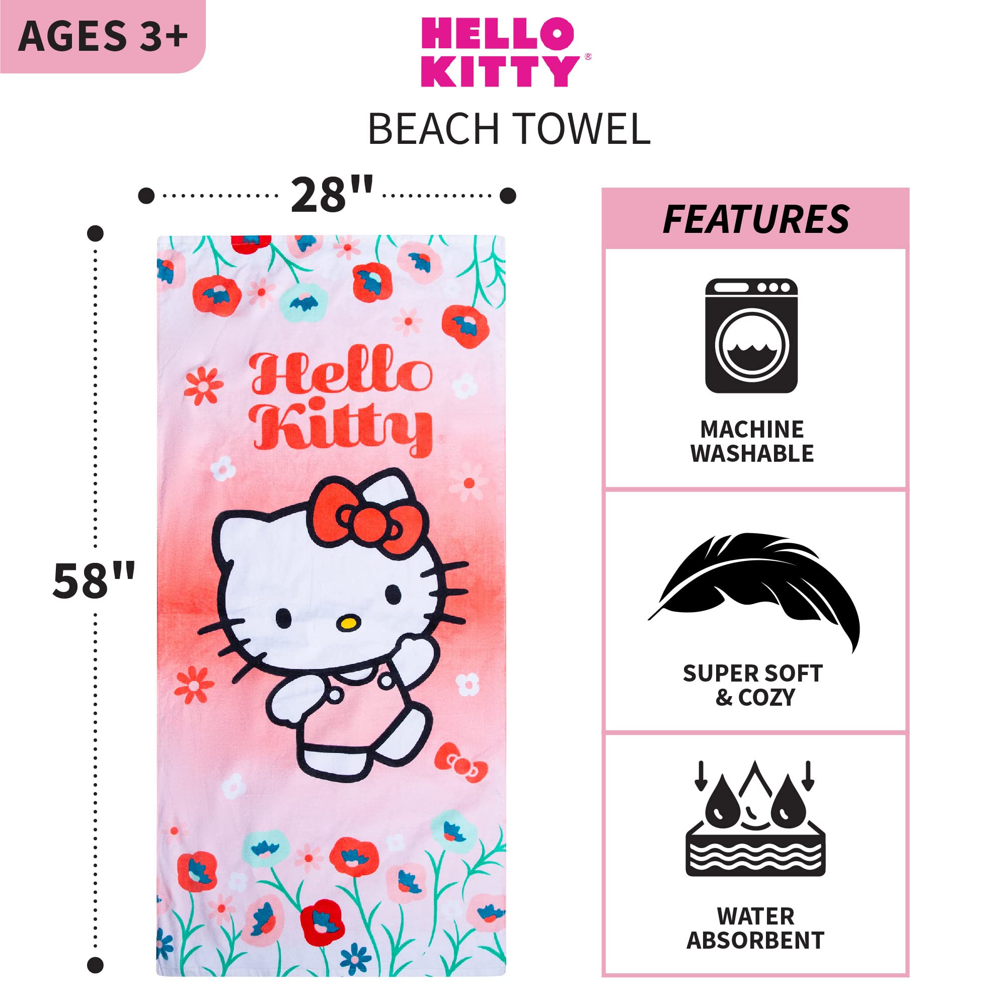 Foto 3 | Toalla De Playa Franco Kids Hello Kitty, Algodón, 147 Cm X 71 Cm - Venta Internacional.