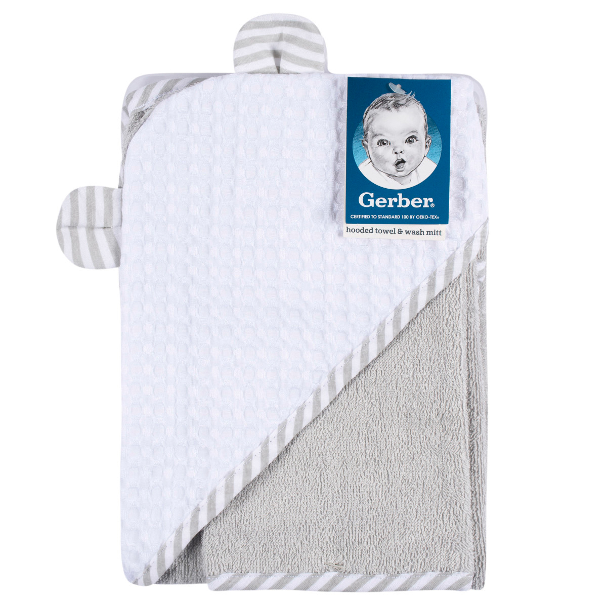 Toalla Bebé Gerber Capucha Y Mitón 100% Algodón Gris/blanco