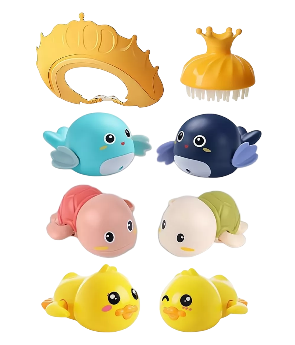 Juguetes De Baño Para Bebé + Gorro Ducha Ajustable + Cepillo Champú Colores