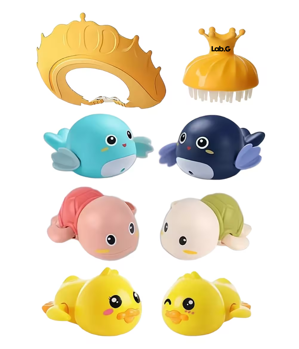 Juguetes de Baño para Bebé Lab.g + Gorro Ducha Ajustable + Cepillo Champú Colores
