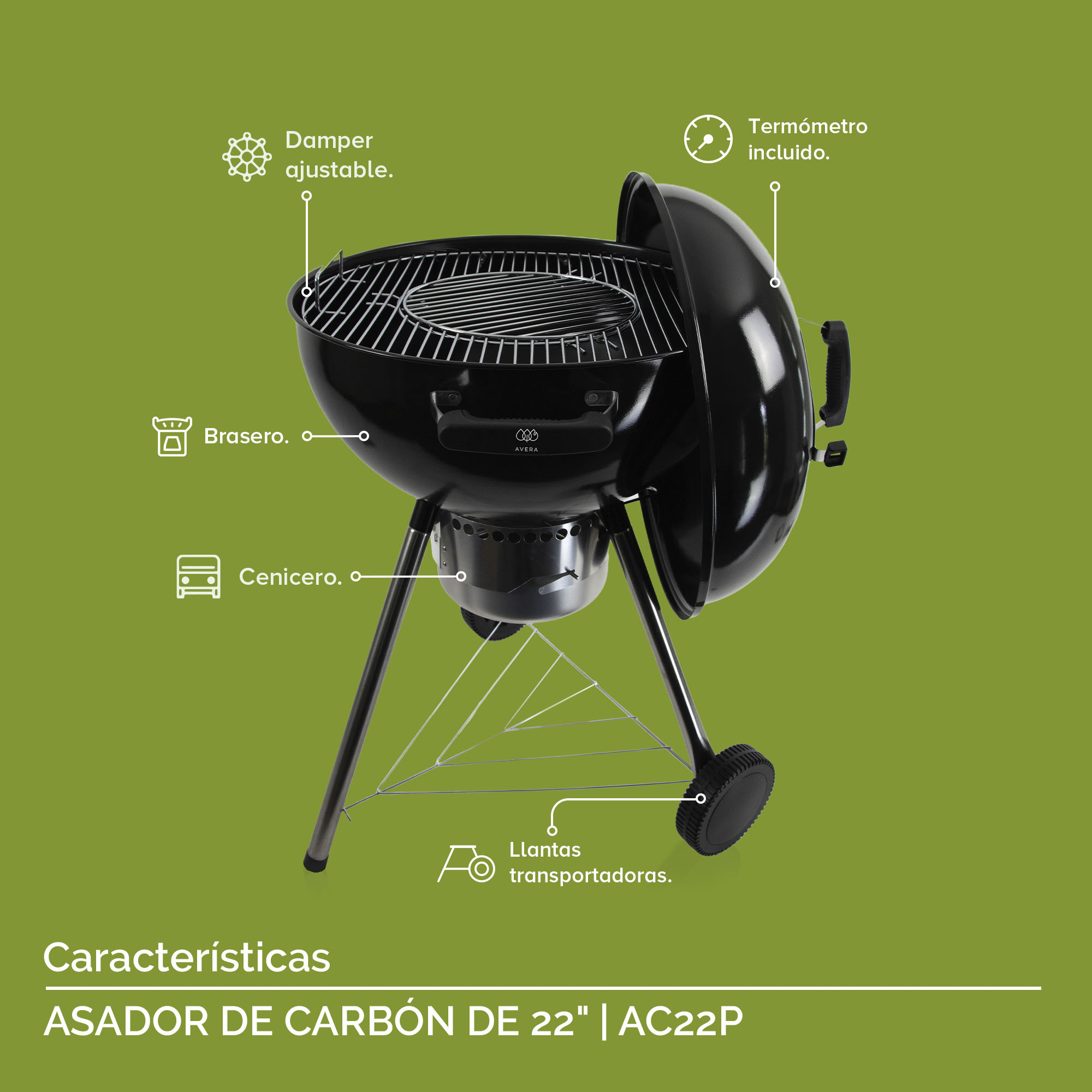 Foto 5 pulgar | Asador de Carne de Carbón Avera Ac22p de 22" Premium Negro