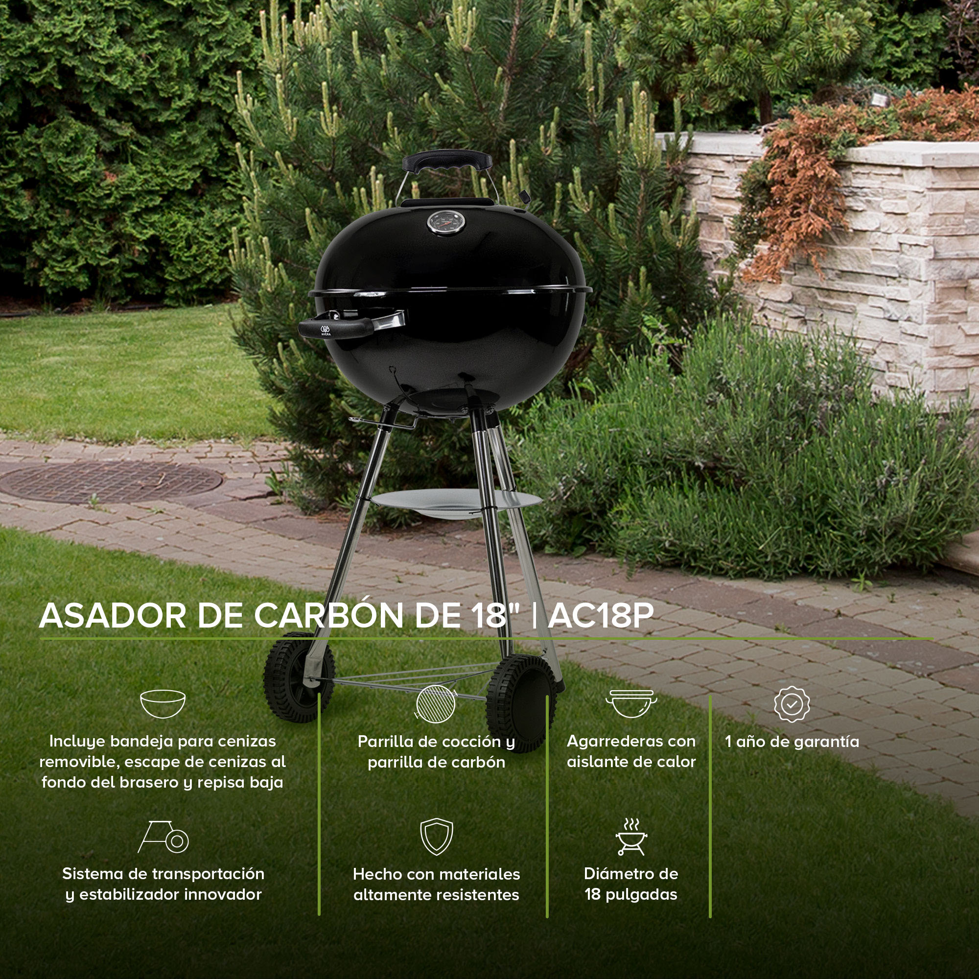 Foto 3 pulgar | Asador de Carne de Carbón 18'' Avera Acero Premium Ac18p color Negro