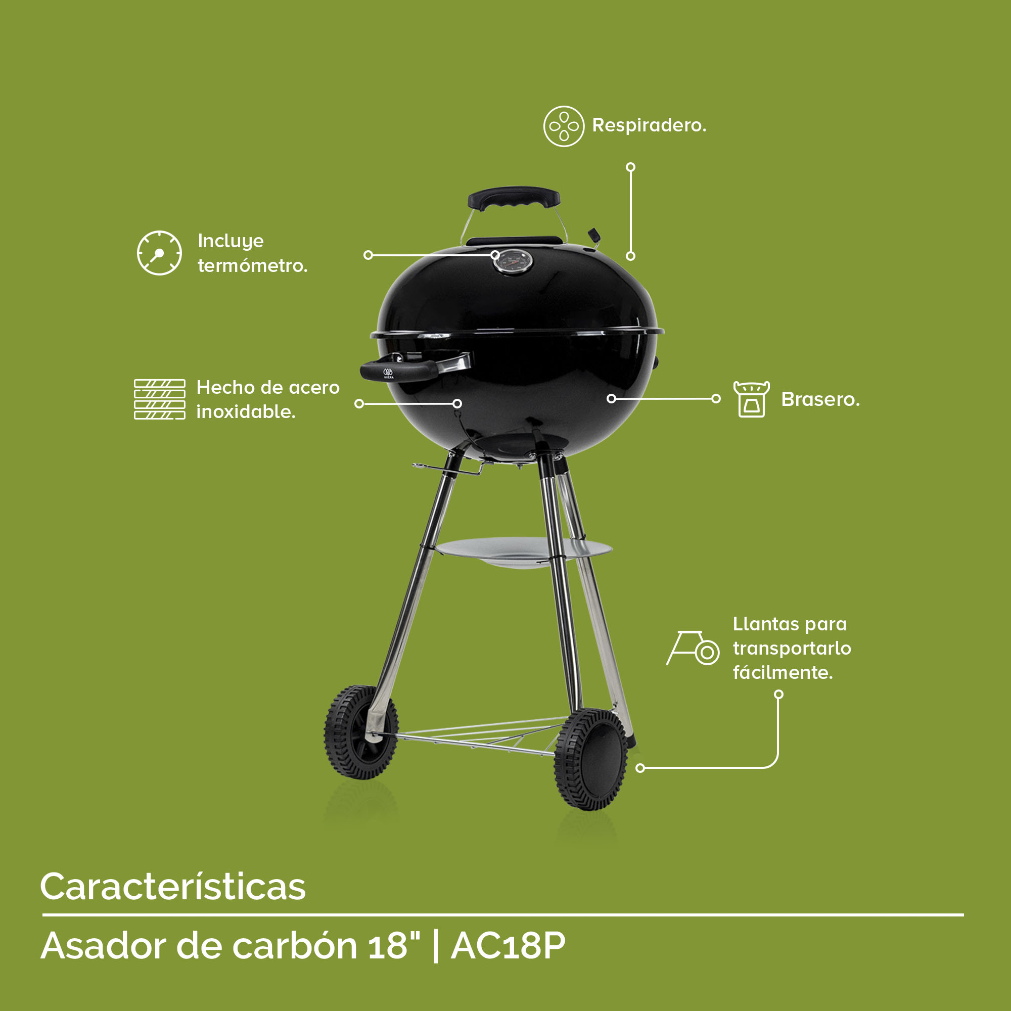 Foto 5 pulgar | Asador de Carne de Carbón 18'' Avera Acero Premium Ac18p color Negro