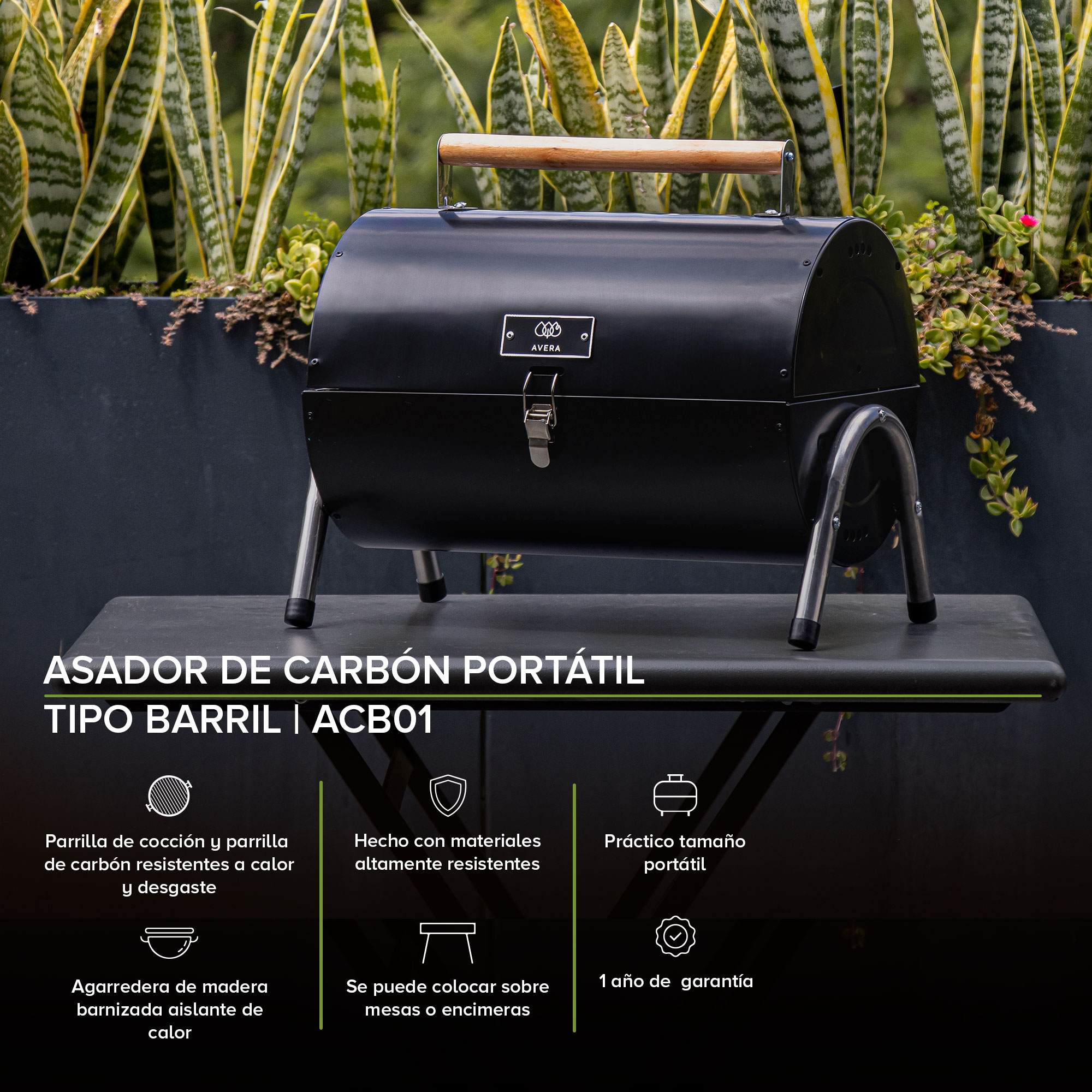 Foto 2 | Asador de Carbón Tipo Barril Portátil Avera Acb01 color Negro