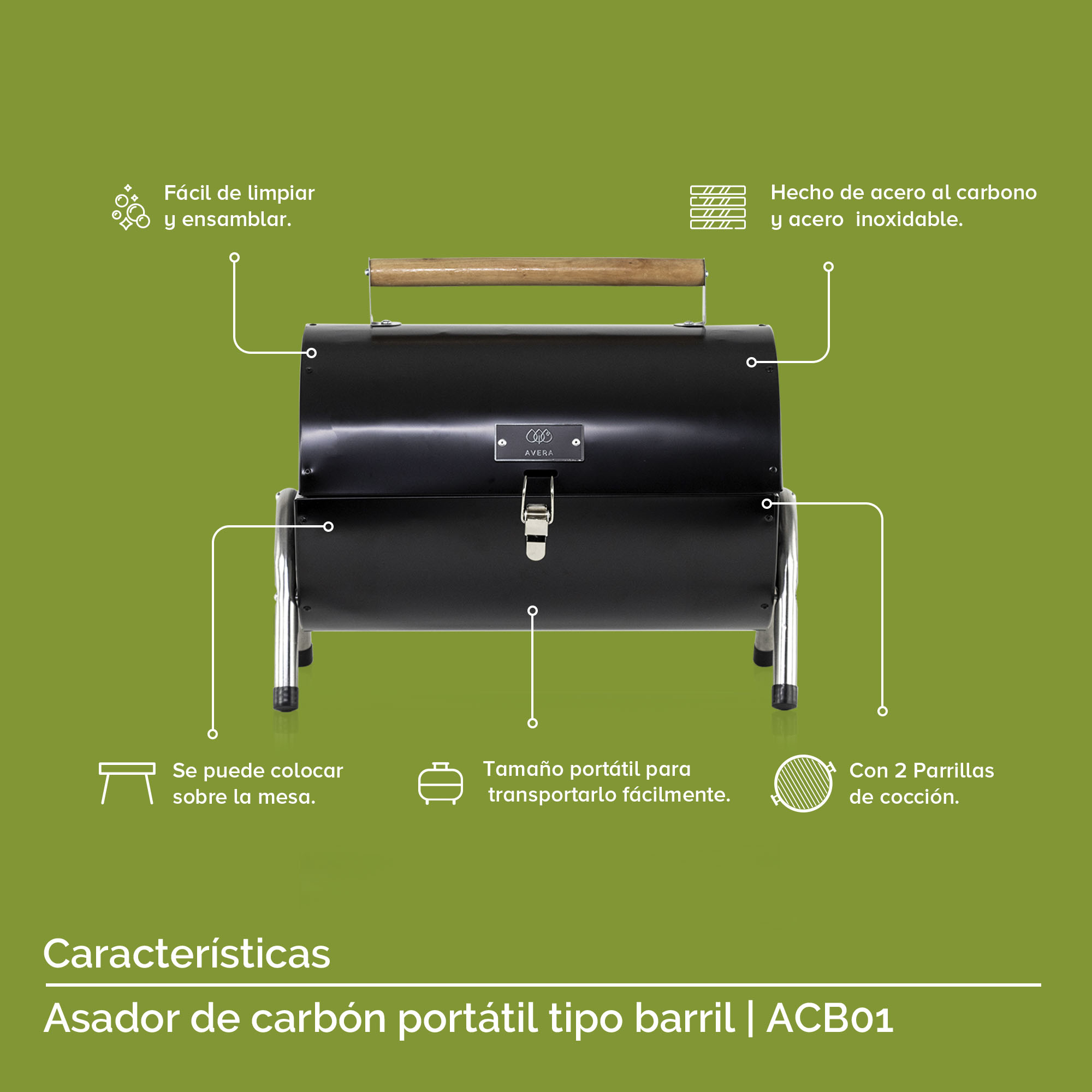 Foto 5 pulgar | Asador de Carbón Tipo Barril Portátil Avera Acb01 color Negro