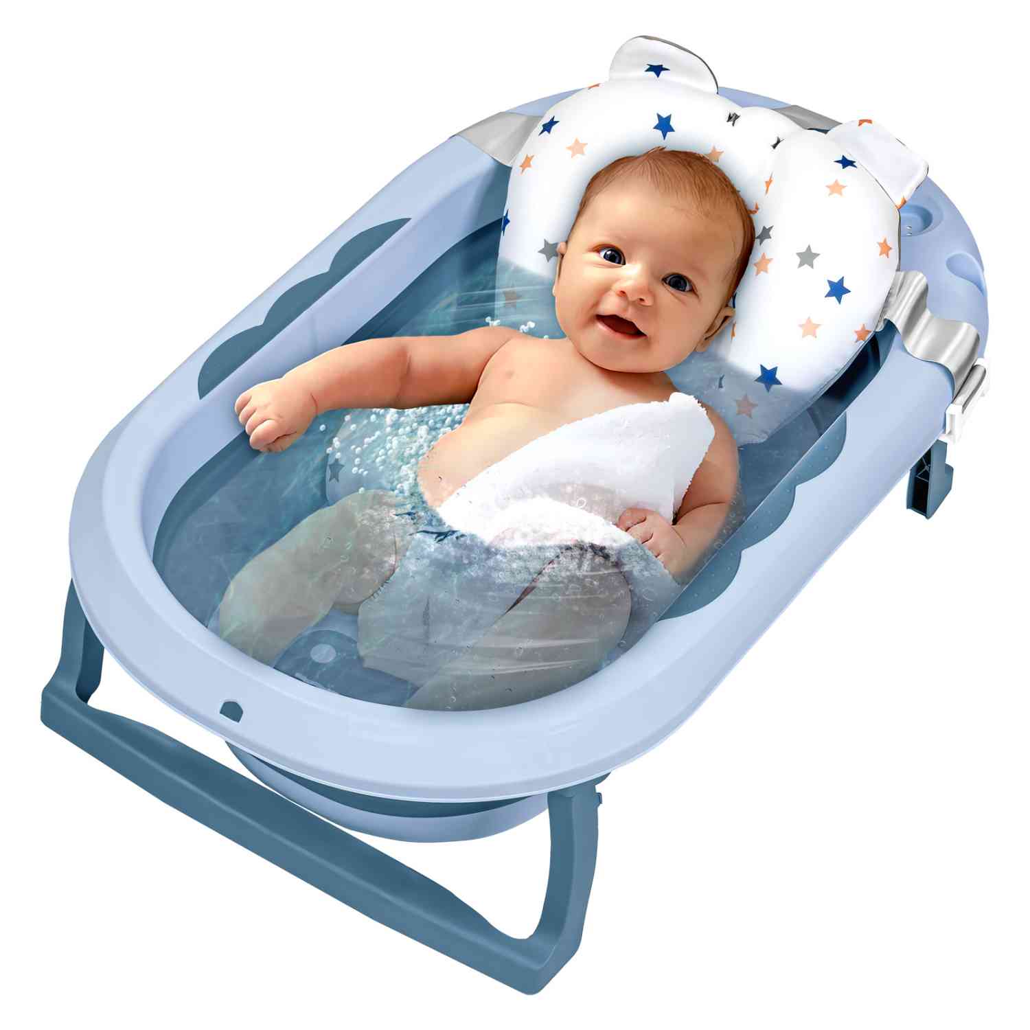 Bañera Plegable para Bebé Little Monkey Azul con Termómetro