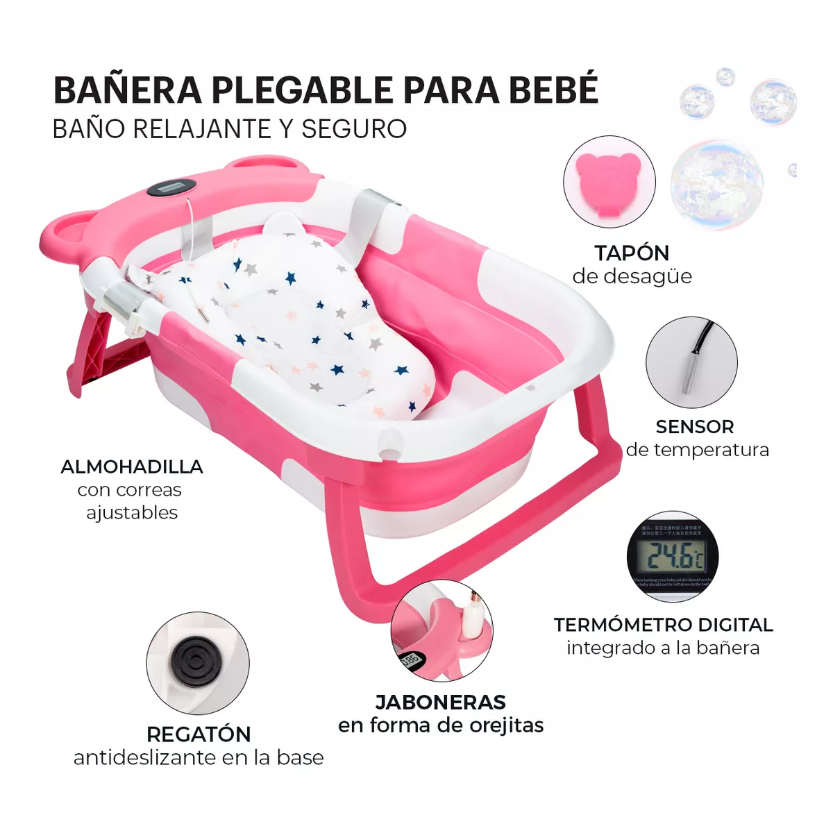 Foto 4 pulgar | Bañera De Bebe Plegable Portátil Con Termómetro Eo Safe Imports Esi-17309 Rosa