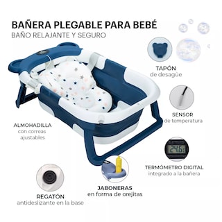 Foto 3 | Bañera de Bebé Plegable Portátil con Termómetro y Almohadilla Acolchonada Azul