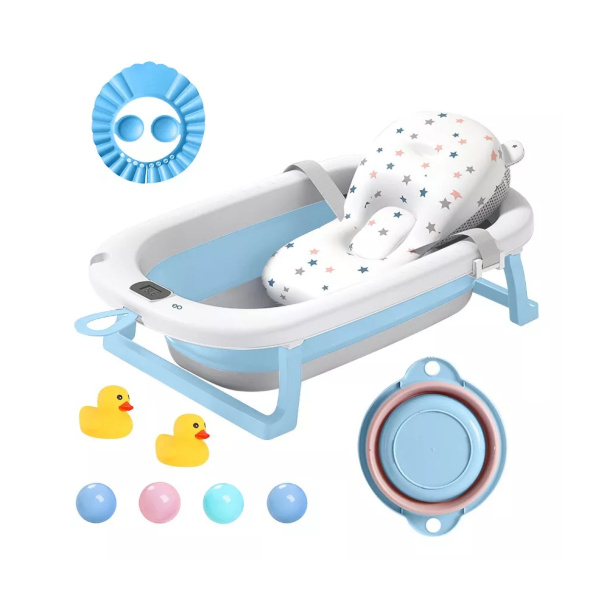 Bañera de Bebé Plegable con Cojín y Accesorios Azul