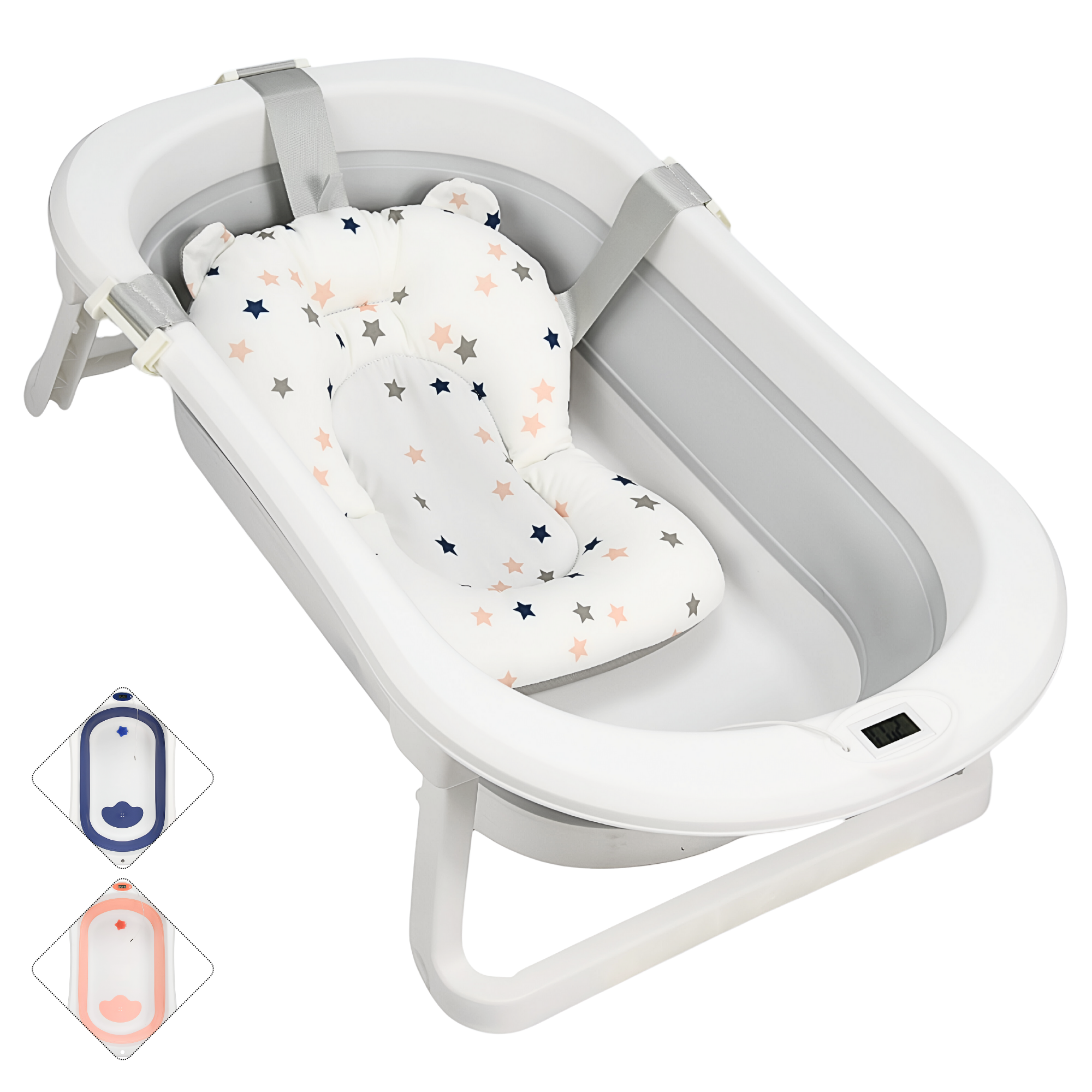 Bañera Para Bebé Tina Plegable Con Cojín Tapón De Drenaje Y Termómetro - Gris