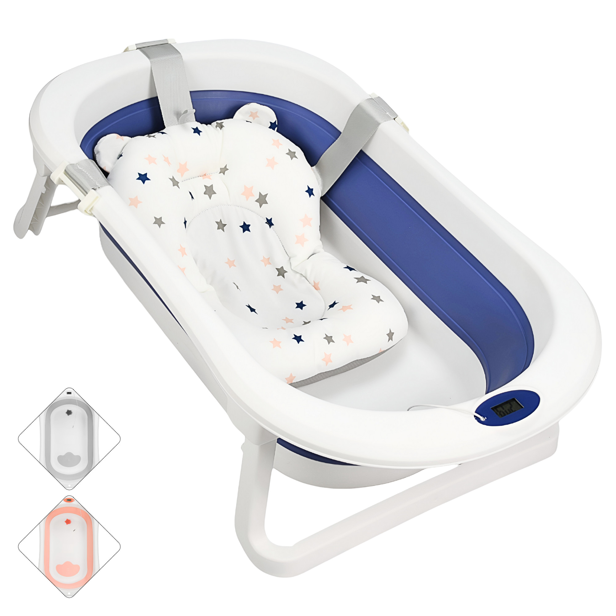 Bañera Para Bebé Tina Plegable Con Cojín Tapón De Drenaje Y Termómetro - Azul