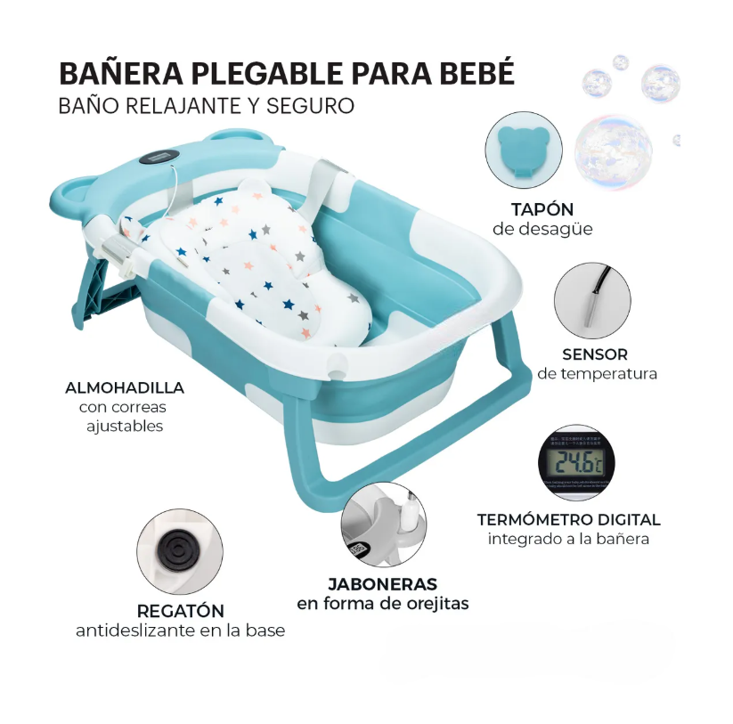 Foto 4 pulgar | Bañera Tina Baño Bebe Plegable Portátil Con Cojín Termometro