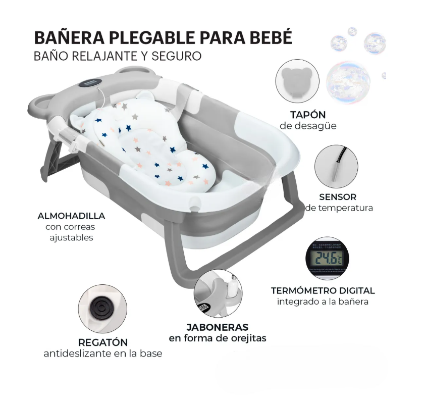 Foto 3 | Bañera Tina Baño Bebe Plegable Portátil Con Cojín Termometro