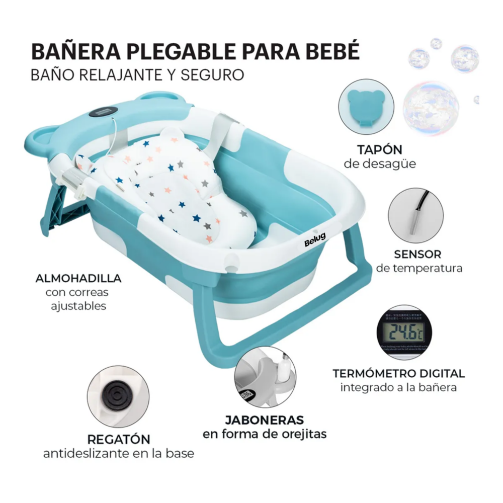 Foto 4 pulgar | Bañera Tina Bebe Con Cojín 2pz Belug  Azul Claro Blanco