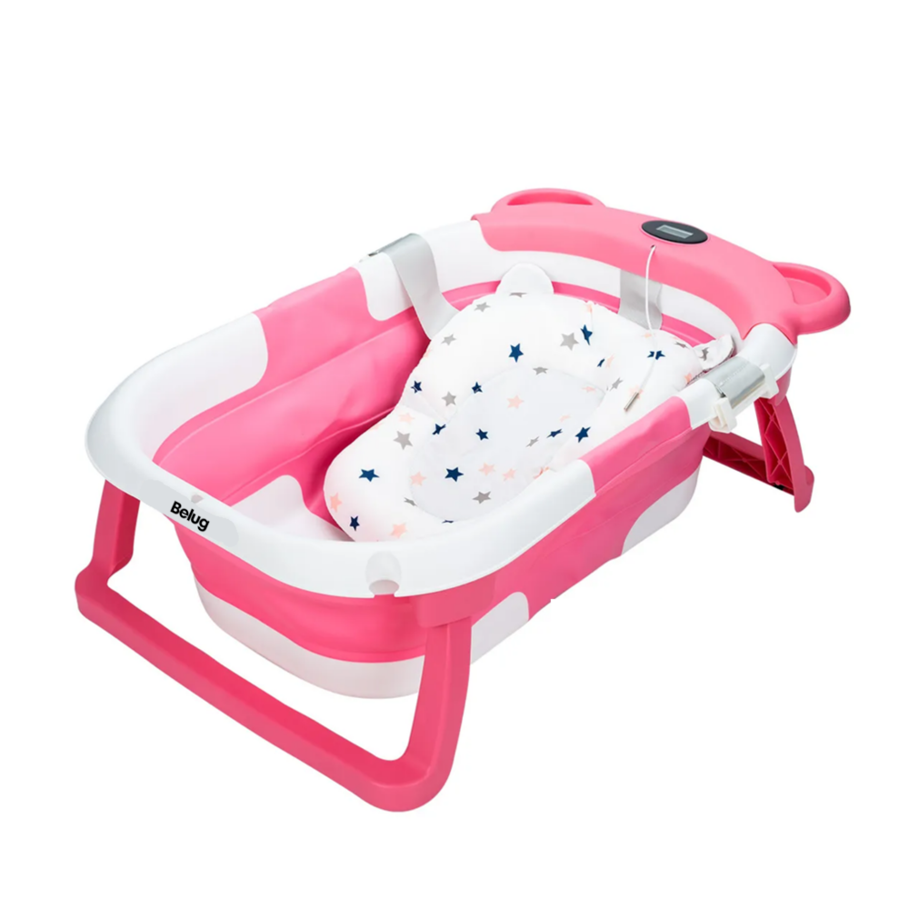 Bañera Tina Bebe Con Cojín 2pz Belug Rosa Blanco