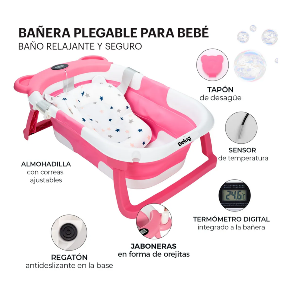 Foto 3 | Bañera Tina Bebe Con Cojín 2pz Belug Rosa Blanco