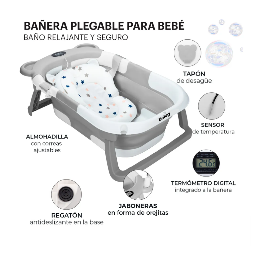 Foto 4 | Bañera Tina Bebe Con Cojín 2pz Belug  Gris Blanco