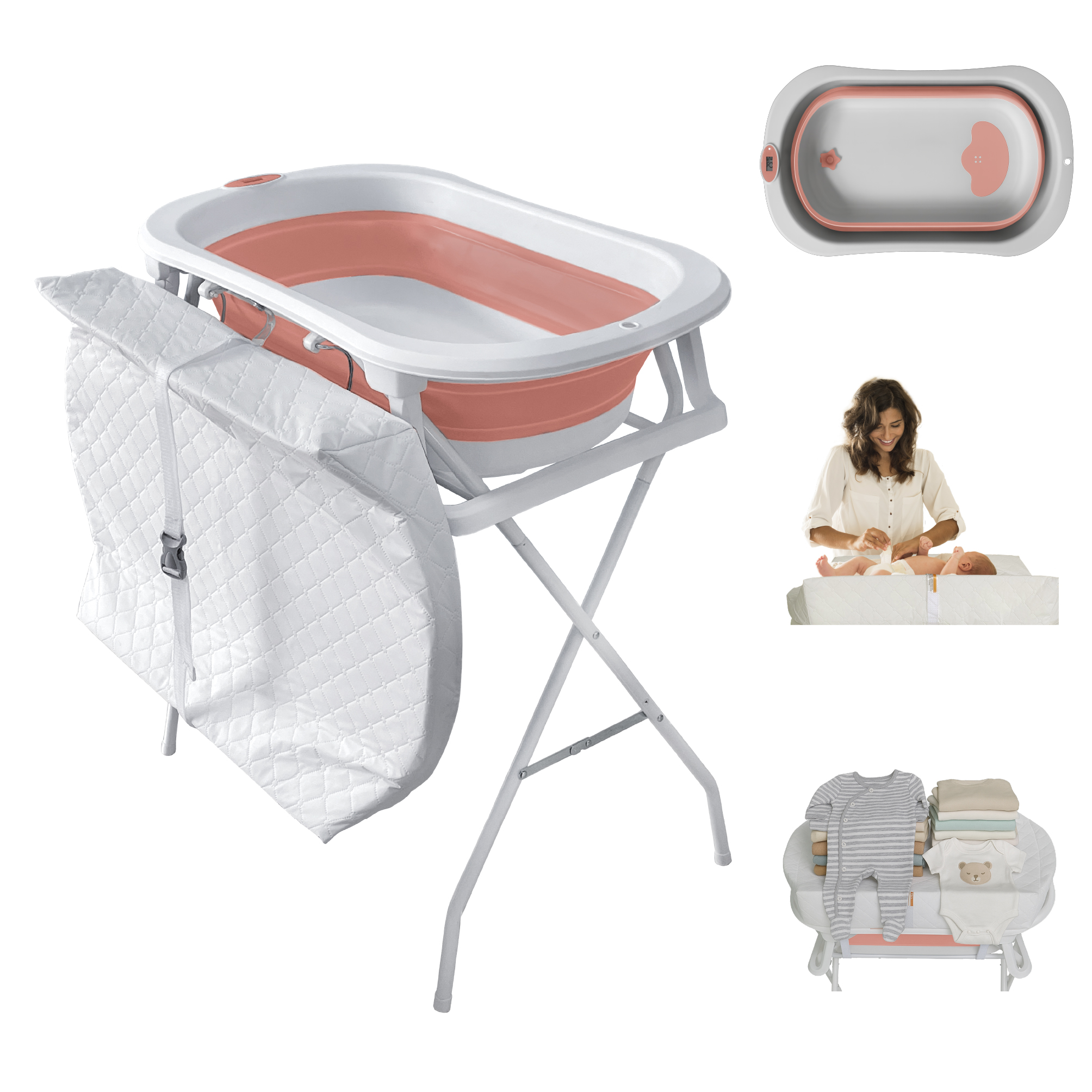 Bebbly Bañera Para Bebé Con Soporte Metálico  Tina 2 En 1 Con Cambiador (rosa)