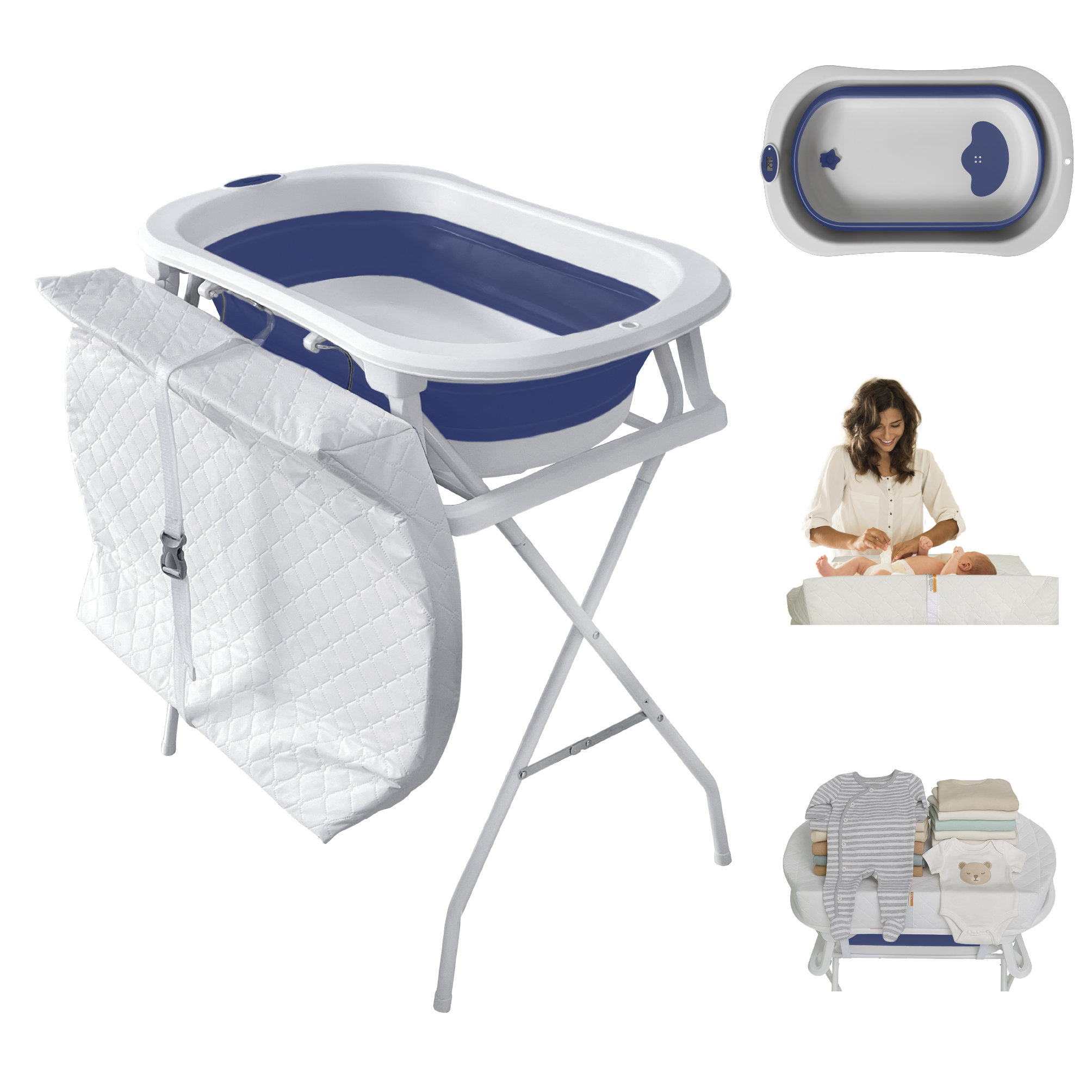 Bebbly Bañera Para Bebé Con Soporte Metálico  Tina 2 En 1 Con Cambiador (azul)
