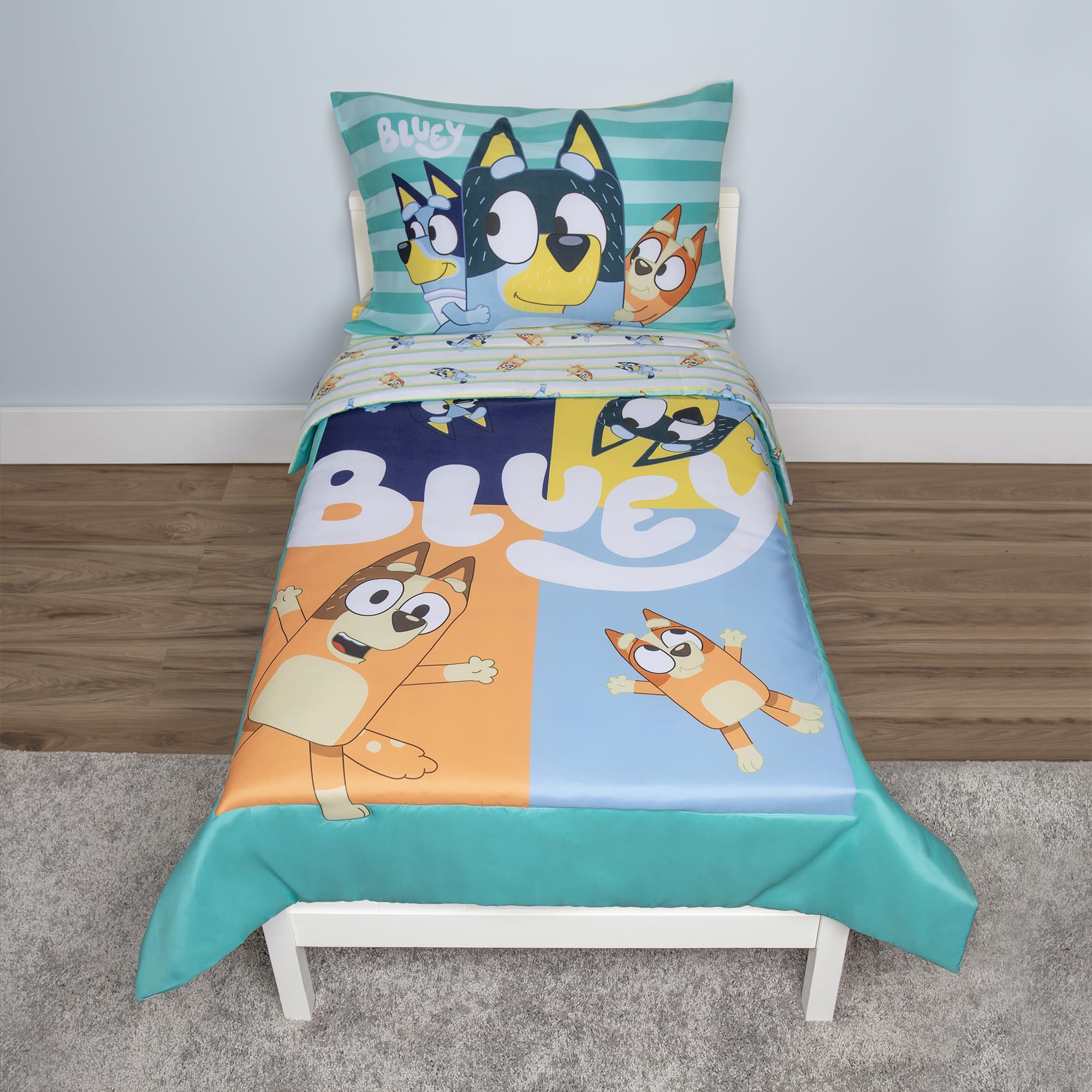 Juego De Ropa De Cama Para Niños Pequeños Bluey, Sábana De 4 Piezas, Azul - Venta Internacional.