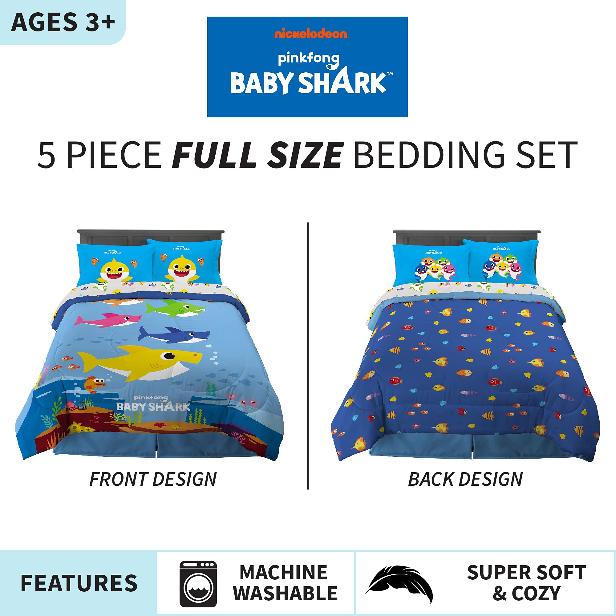 Foto 2 | Juego De Ropa De Cama Franco Baby Shark De 5 Piezas, Tamaño Completo - Venta Internacional.