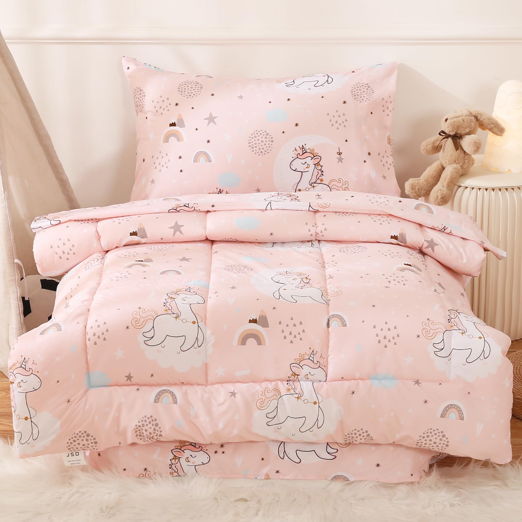 Foto 2 pulgar | Juego De Ropa De Cama Para Niños Pequeños Jsd Pink Unicorn De 4 Piezas, Cama En Bolsa - Venta Internacional.