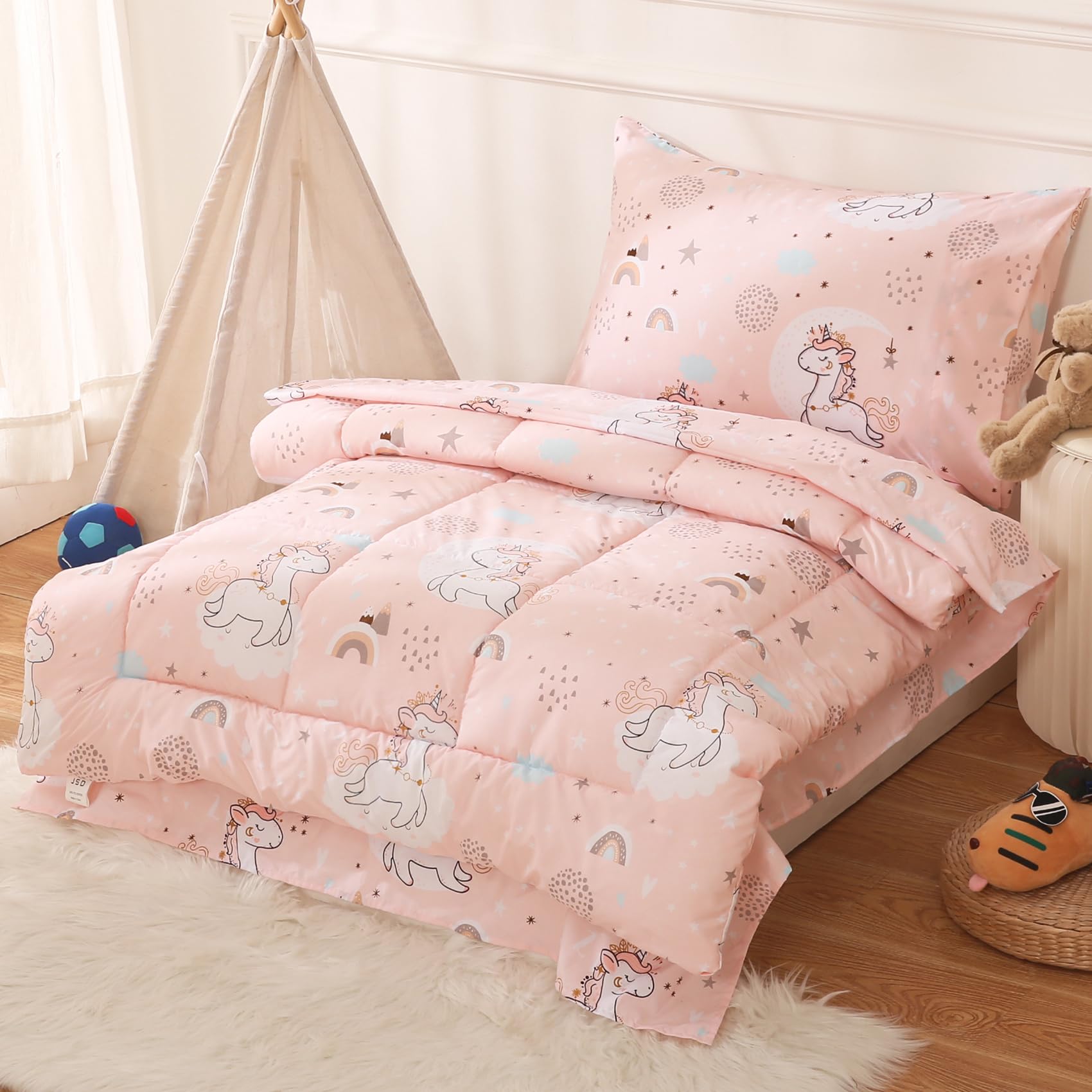 Foto 7 pulgar | Juego De Ropa De Cama Para Niños Pequeños Jsd Pink Unicorn De 4 Piezas, Cama En Bolsa - Venta Internacional.