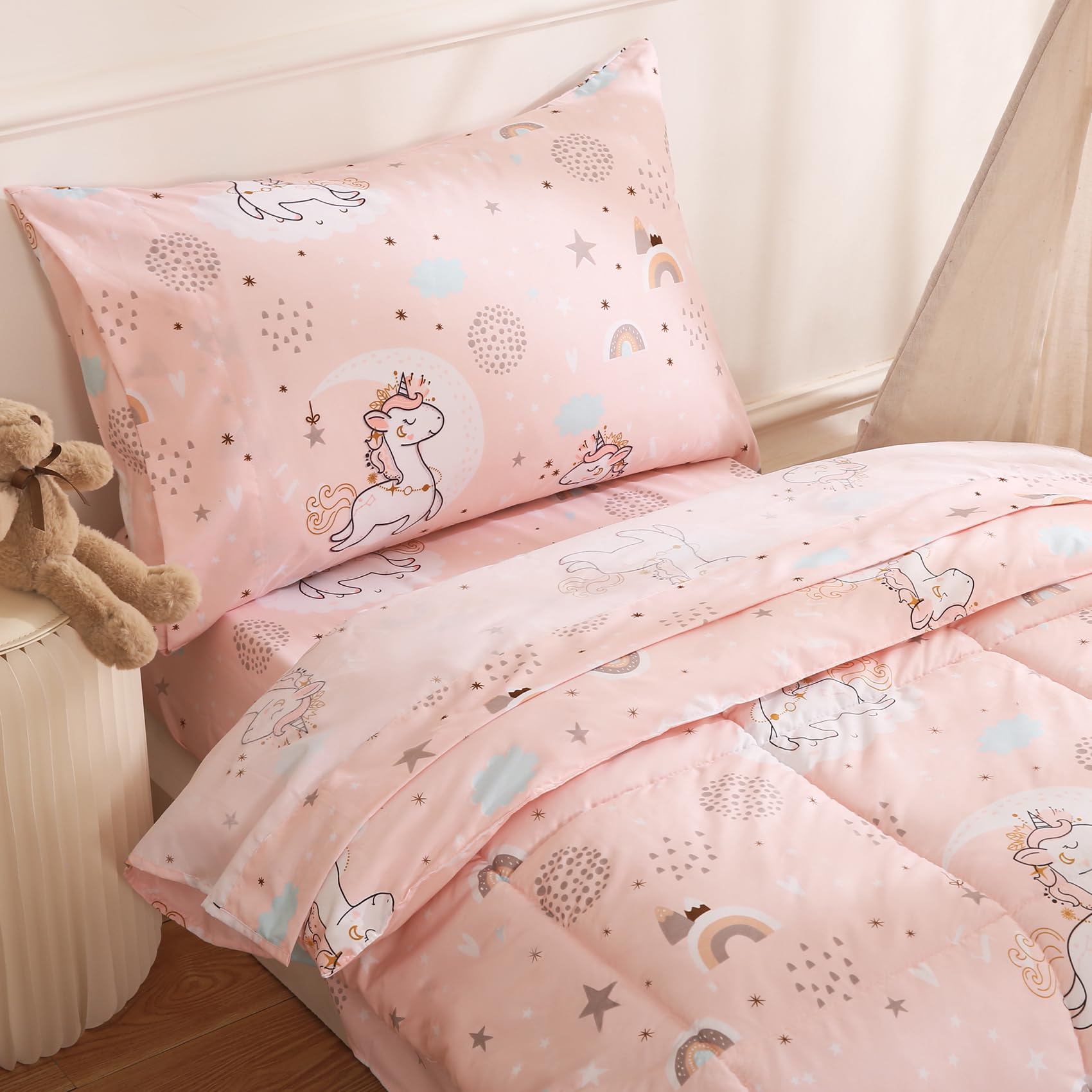 Foto 8 pulgar | Juego De Ropa De Cama Para Niños Pequeños Jsd Pink Unicorn De 4 Piezas, Cama En Bolsa - Venta Internacional.