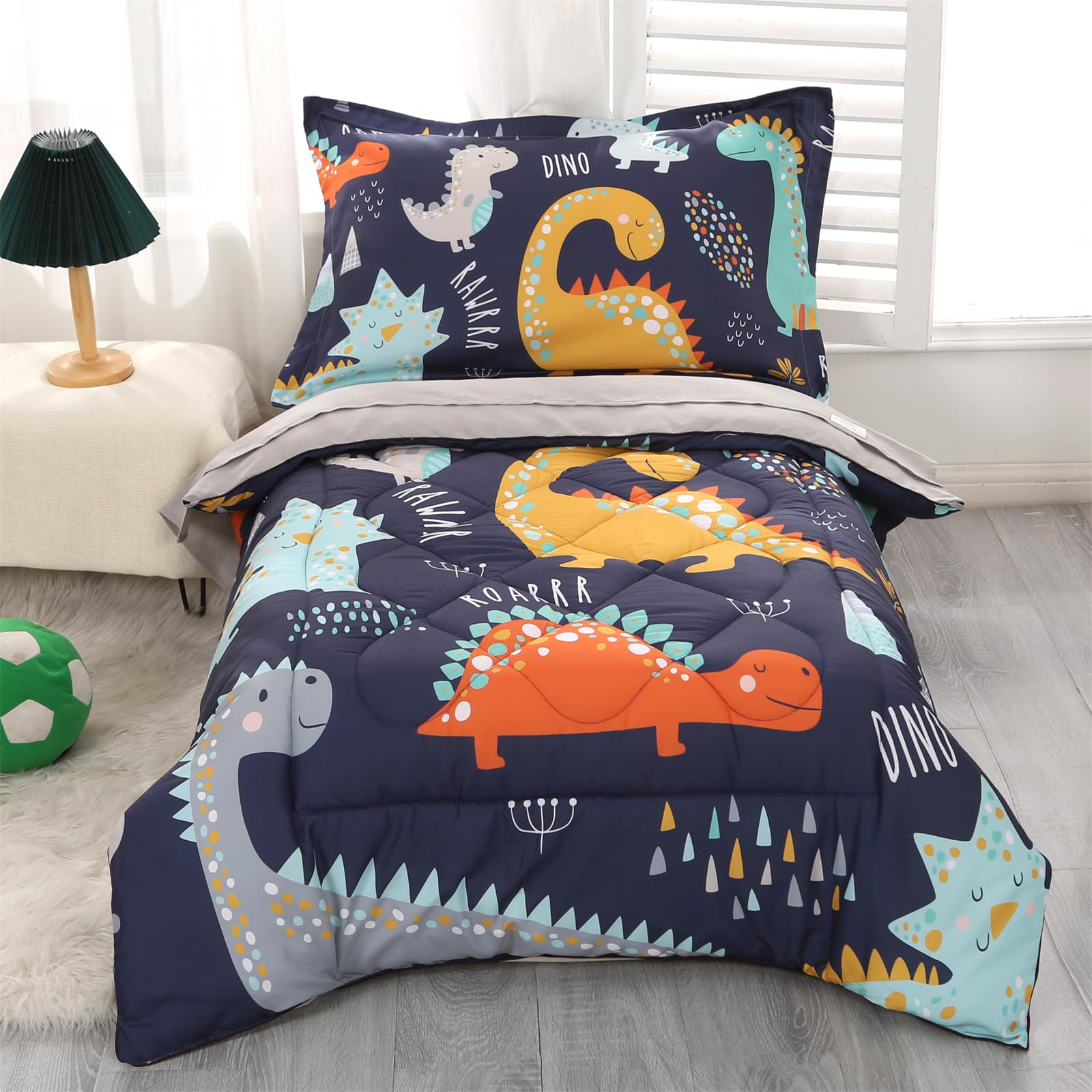 Juego De Ropa De Cama Para Niños Pequeños Wowelife, Dinosaurio, Azul Y Gris, 4 Piezas - Venta Internacional. $971