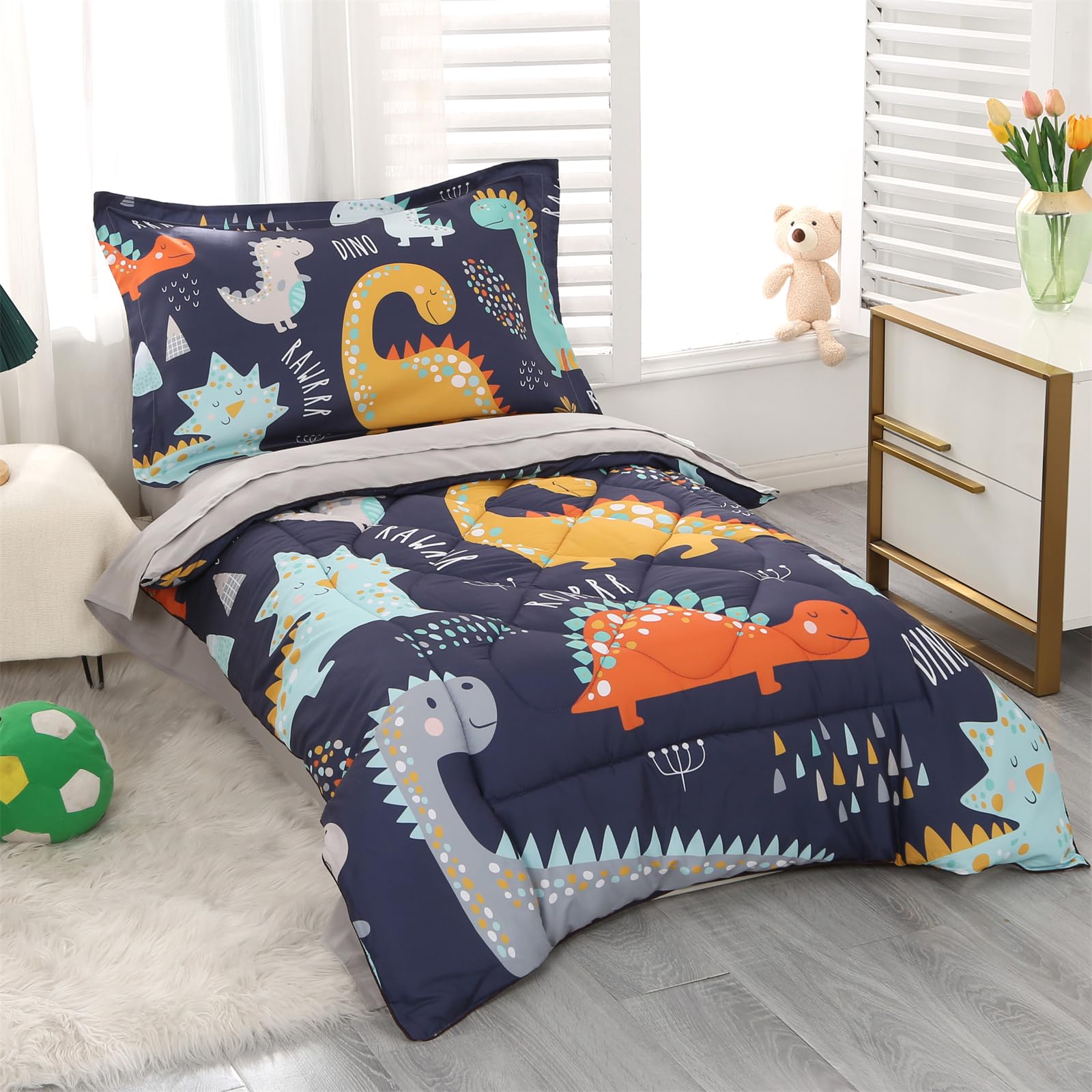 Foto 2 | Juego De Ropa De Cama Para Niños Pequeños Wowelife, Dinosaurio, Azul Y Gris, 4 Piezas - Venta Internacional.