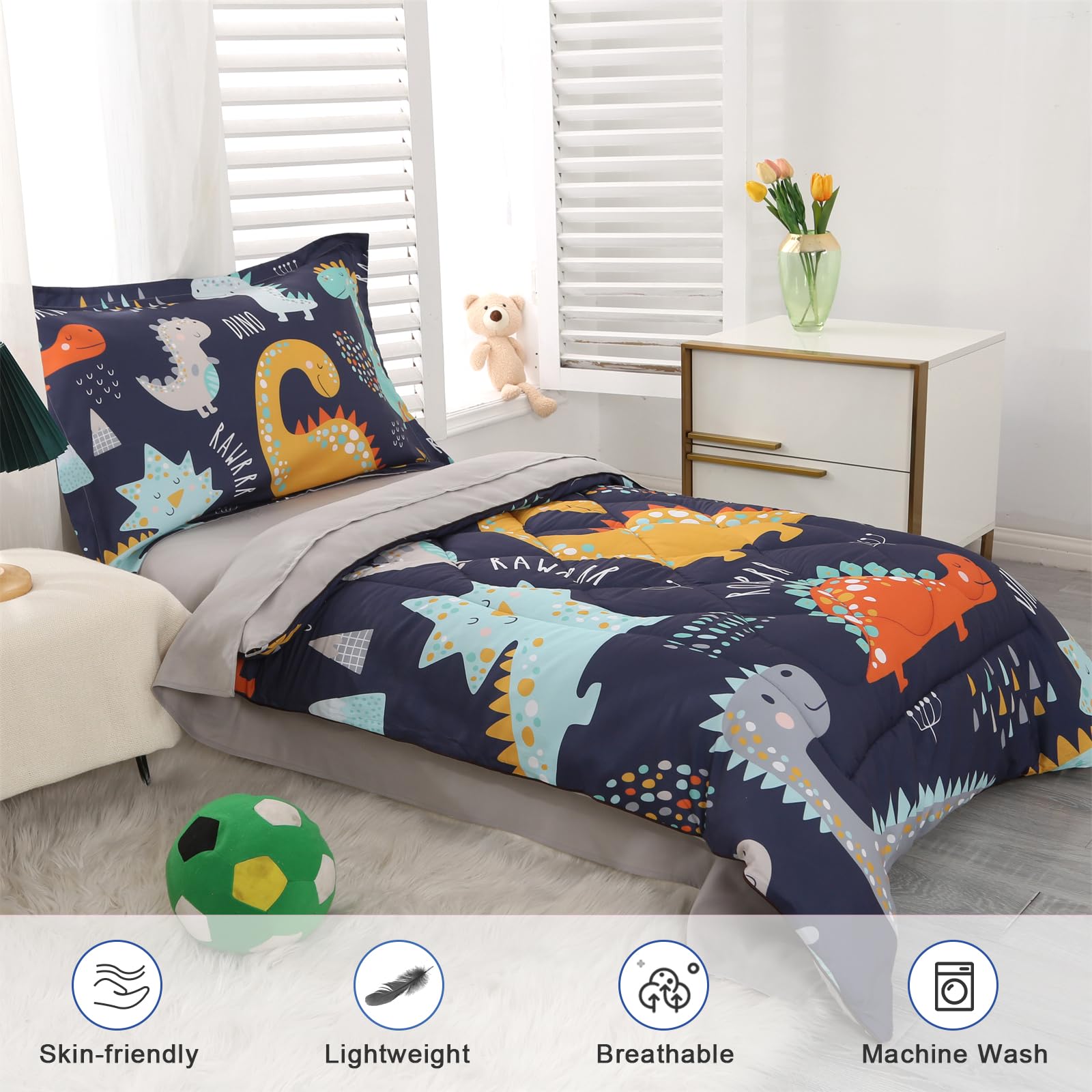 Foto 6 pulgar | Juego De Ropa De Cama Para Niños Pequeños Wowelife, Dinosaurio, Azul Y Gris, 4 Piezas - Venta Internacional.