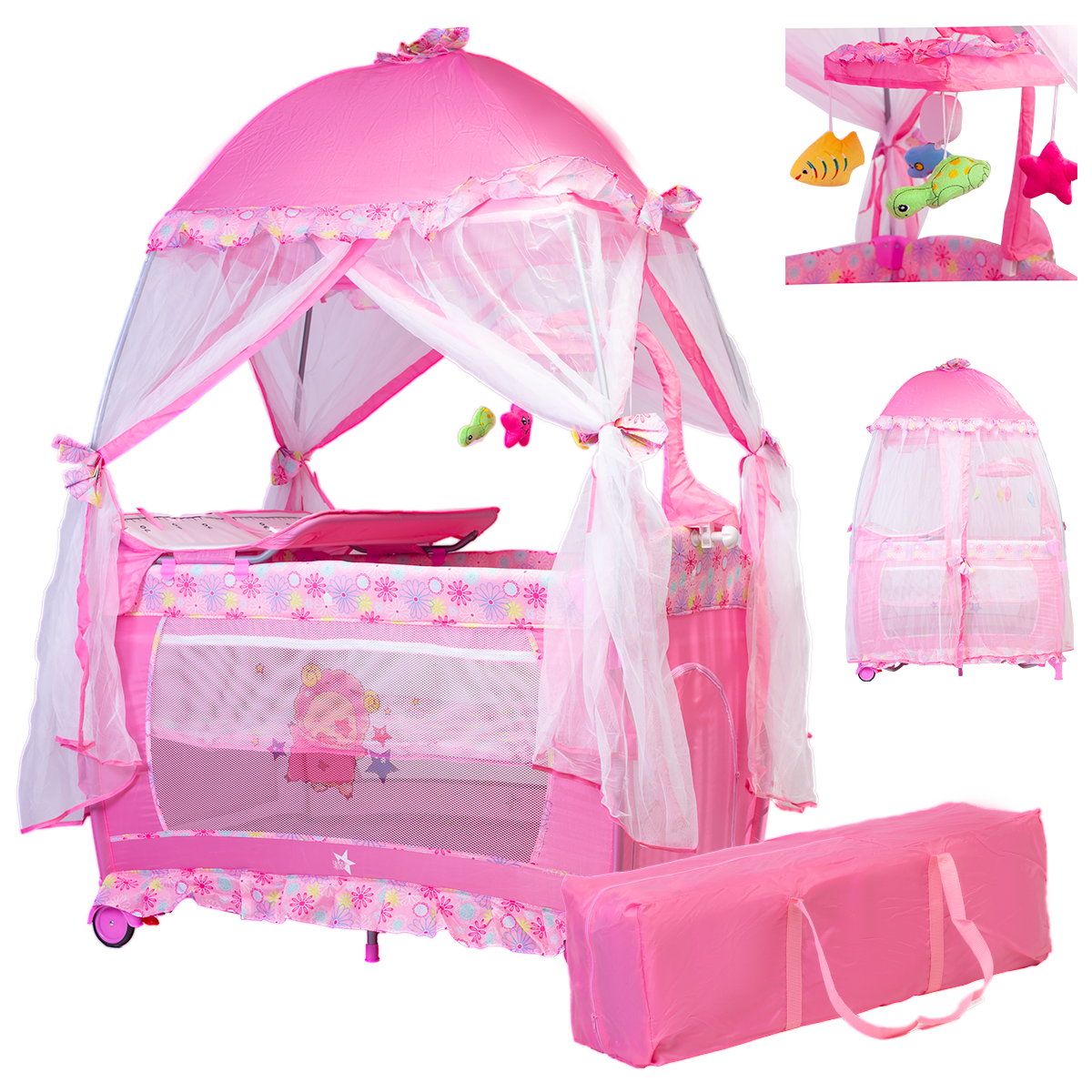 Cuna Corral Bebe Starkids Draco Toldo Movil Juguetes Musical Rosa Claro