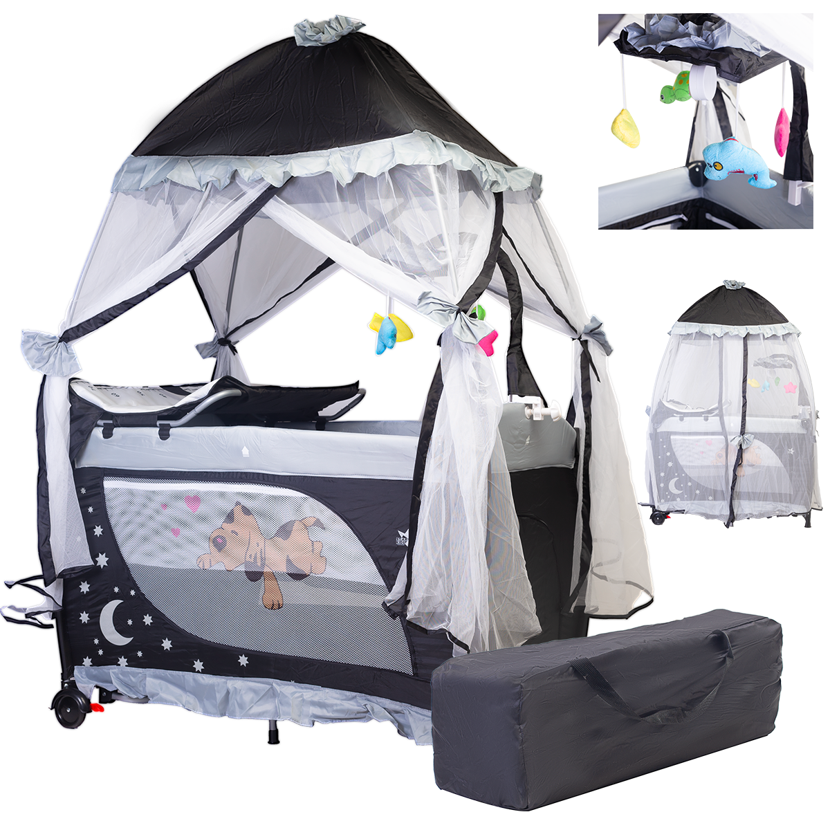 Starkids Cuna Corral Draco Con Toldo Negro Gris