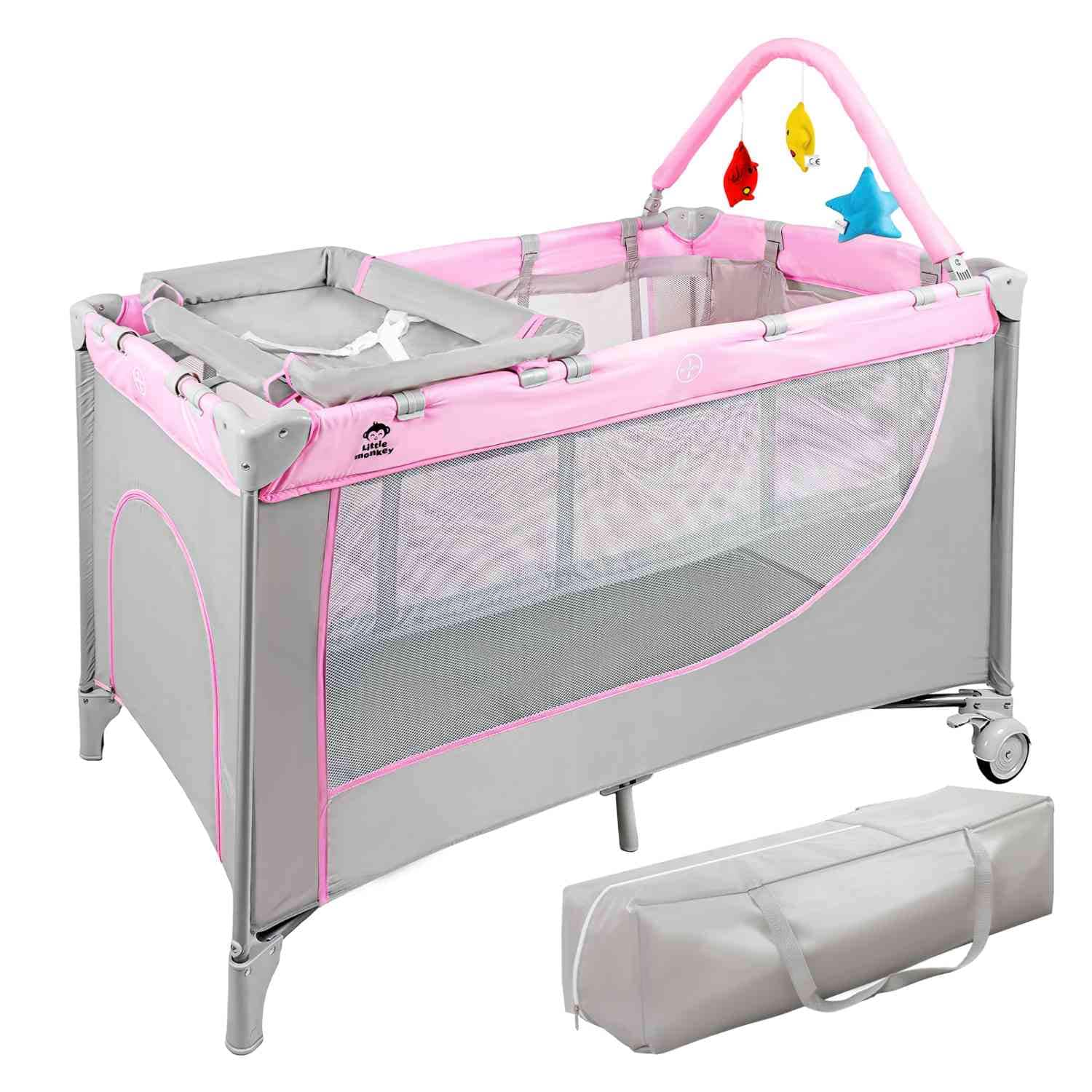 Cuna para Bebé Little Monkey Cambiador 4 en 1 con Ruedas Plegable Rosa $1,499