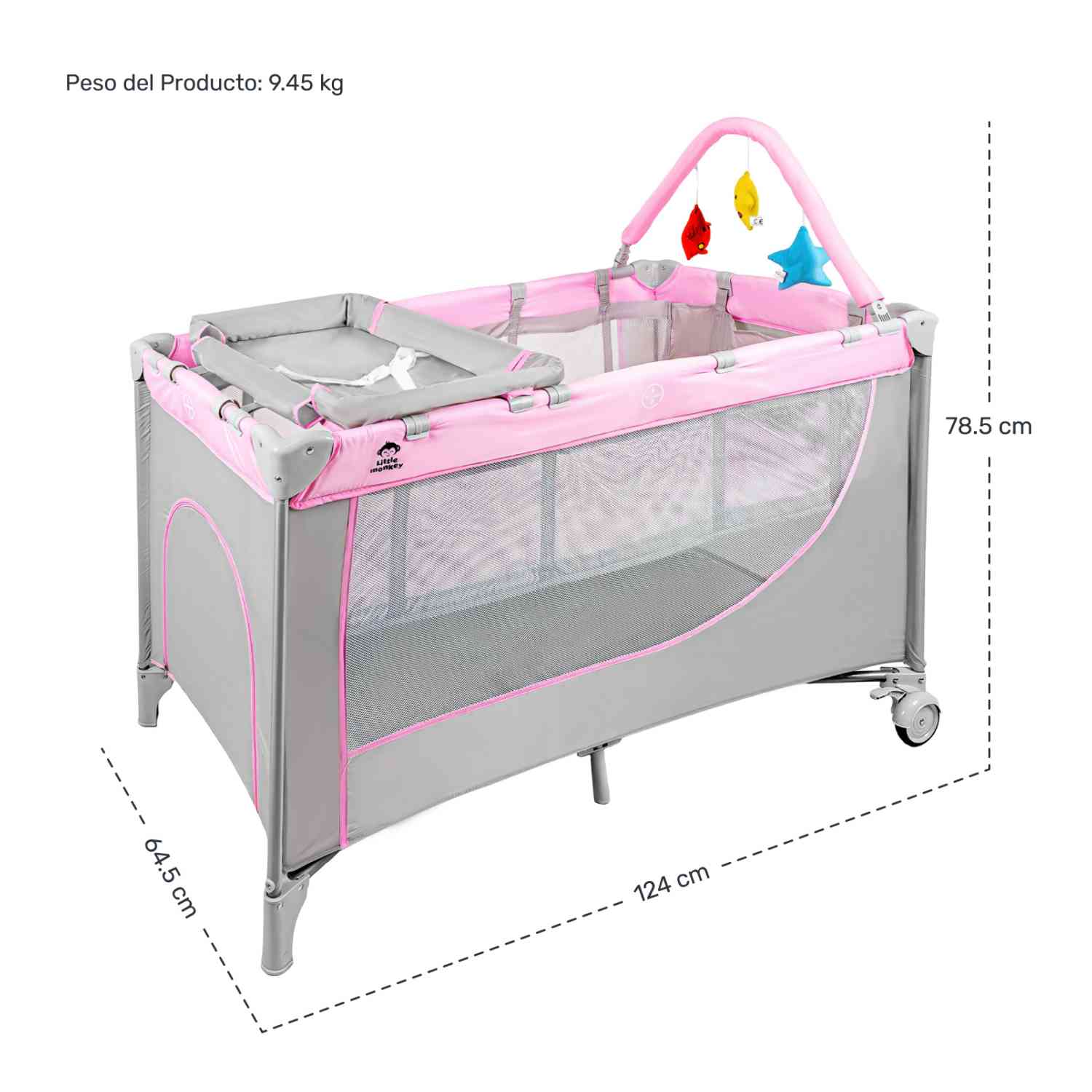 Foto 8 | Cuna para Bebé Little Monkey Cambiador 4 en 1 con Ruedas Plegable Rosa